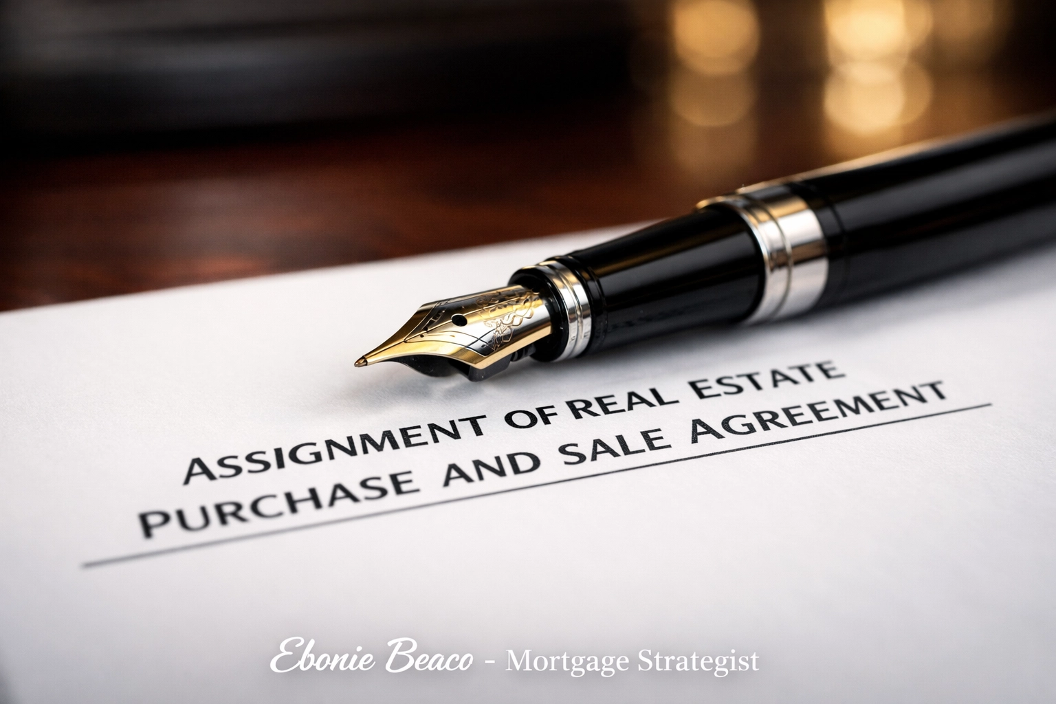 Close up of a real estate assignment contract and pen on an executive desk for wholesaling deals.