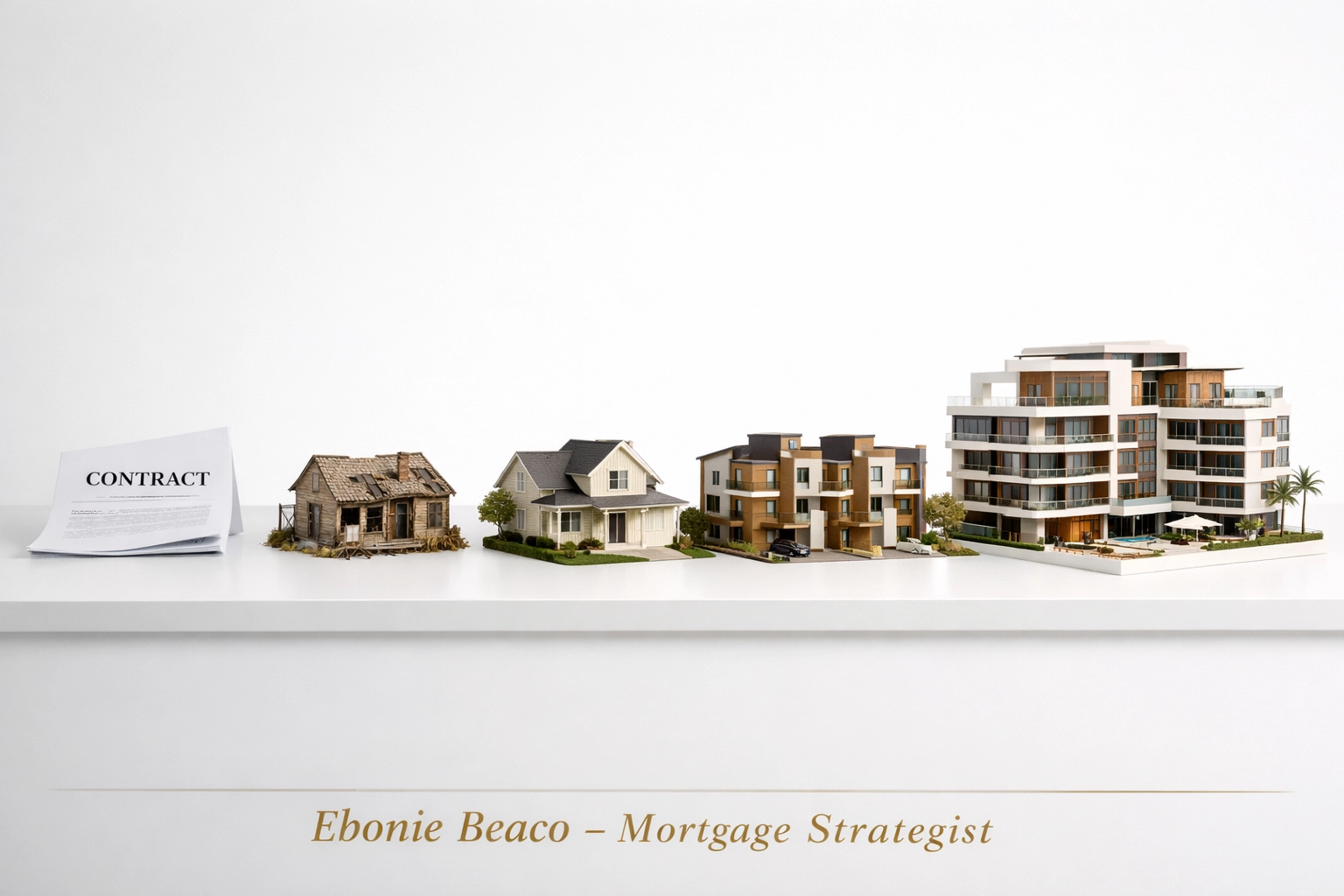 Architectural models showing the transition from wholesaling contracts to a large scale investment portfolio.