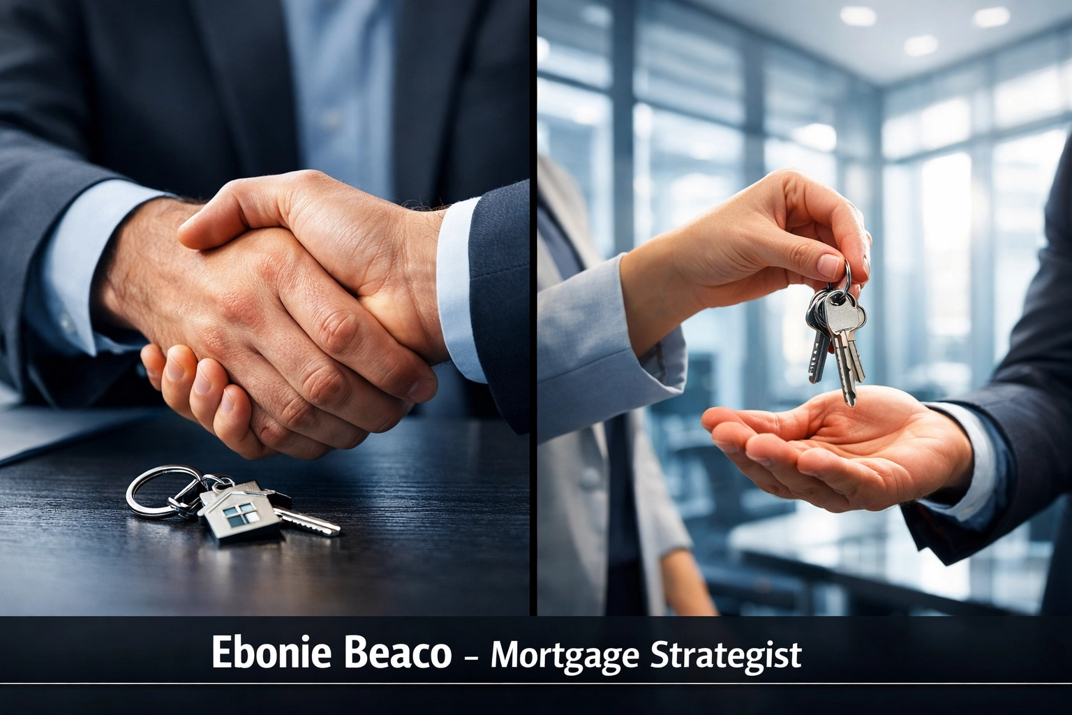 Two hands passing keys in back-to-back transactions illustrating a real estate double closing strategy.