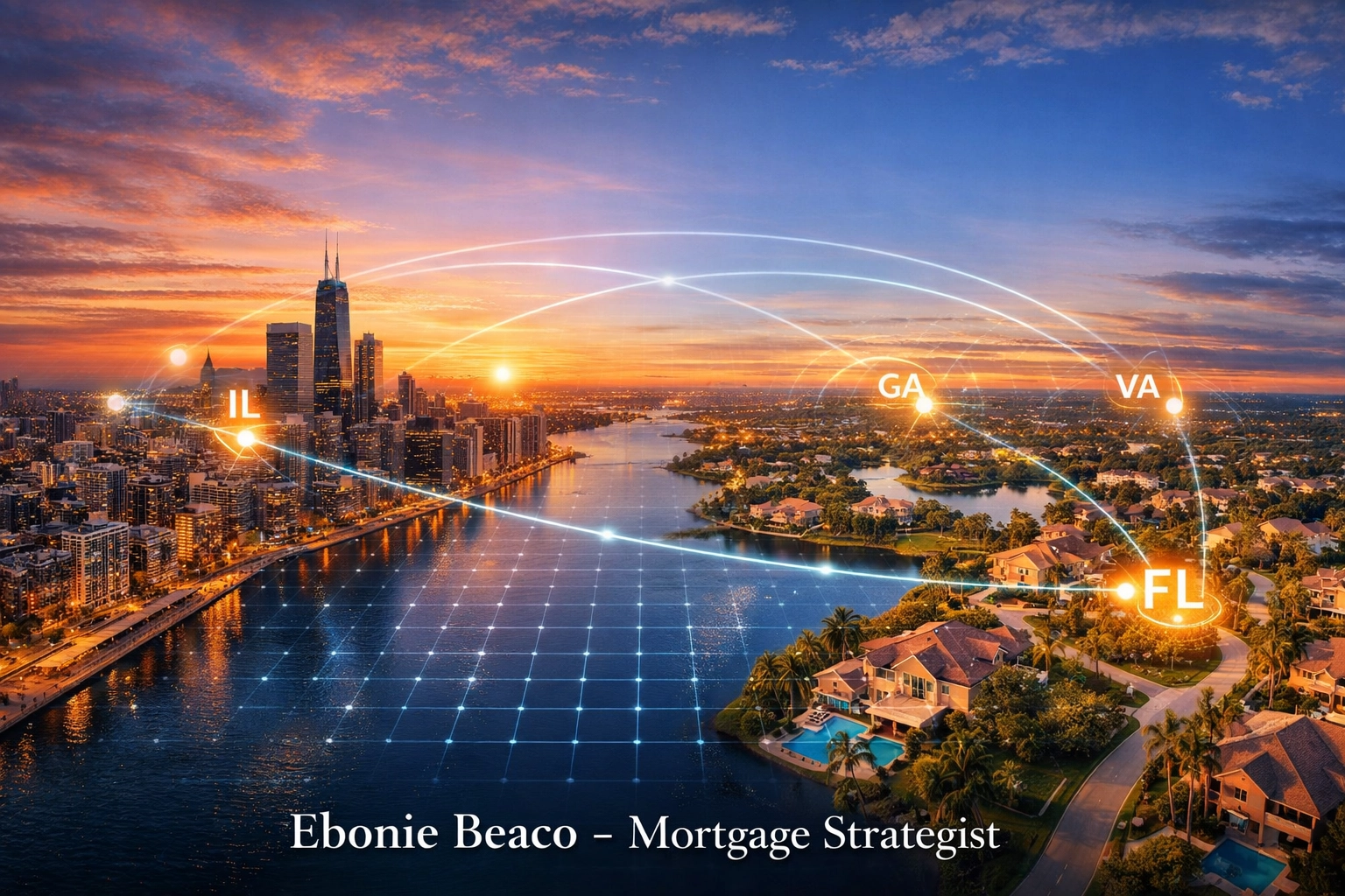 Aerial composite of Chicago and Florida skylines showcasing real estate market reach across multiple states.