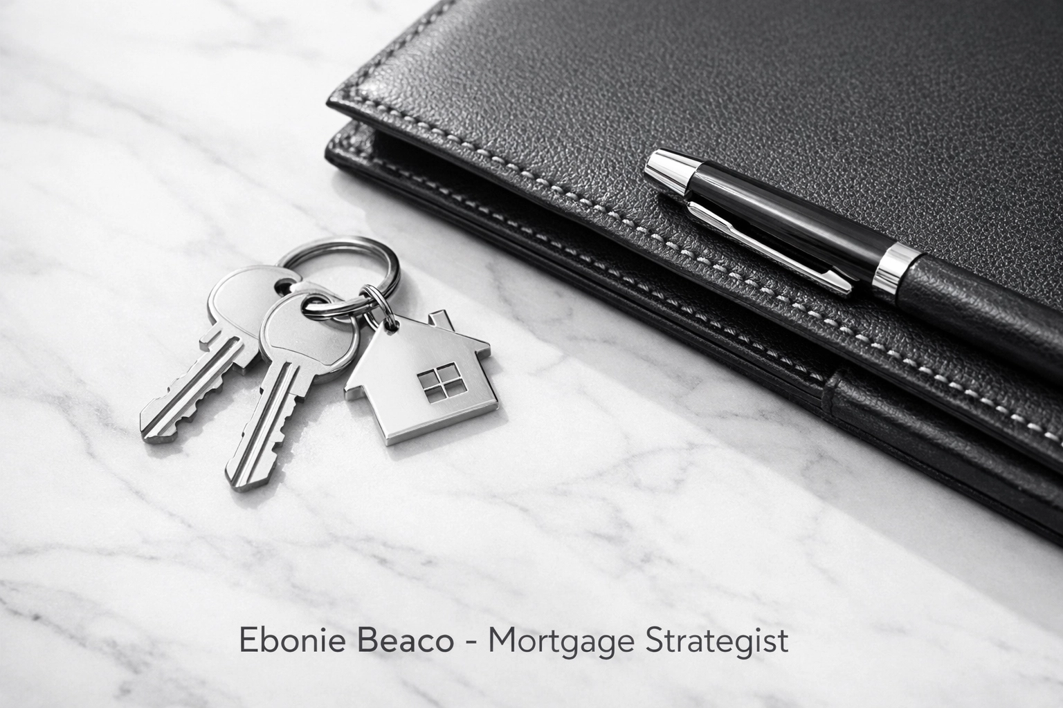 Silver house keys and a professional portfolio on a marble counter signifying a successful real estate closing.