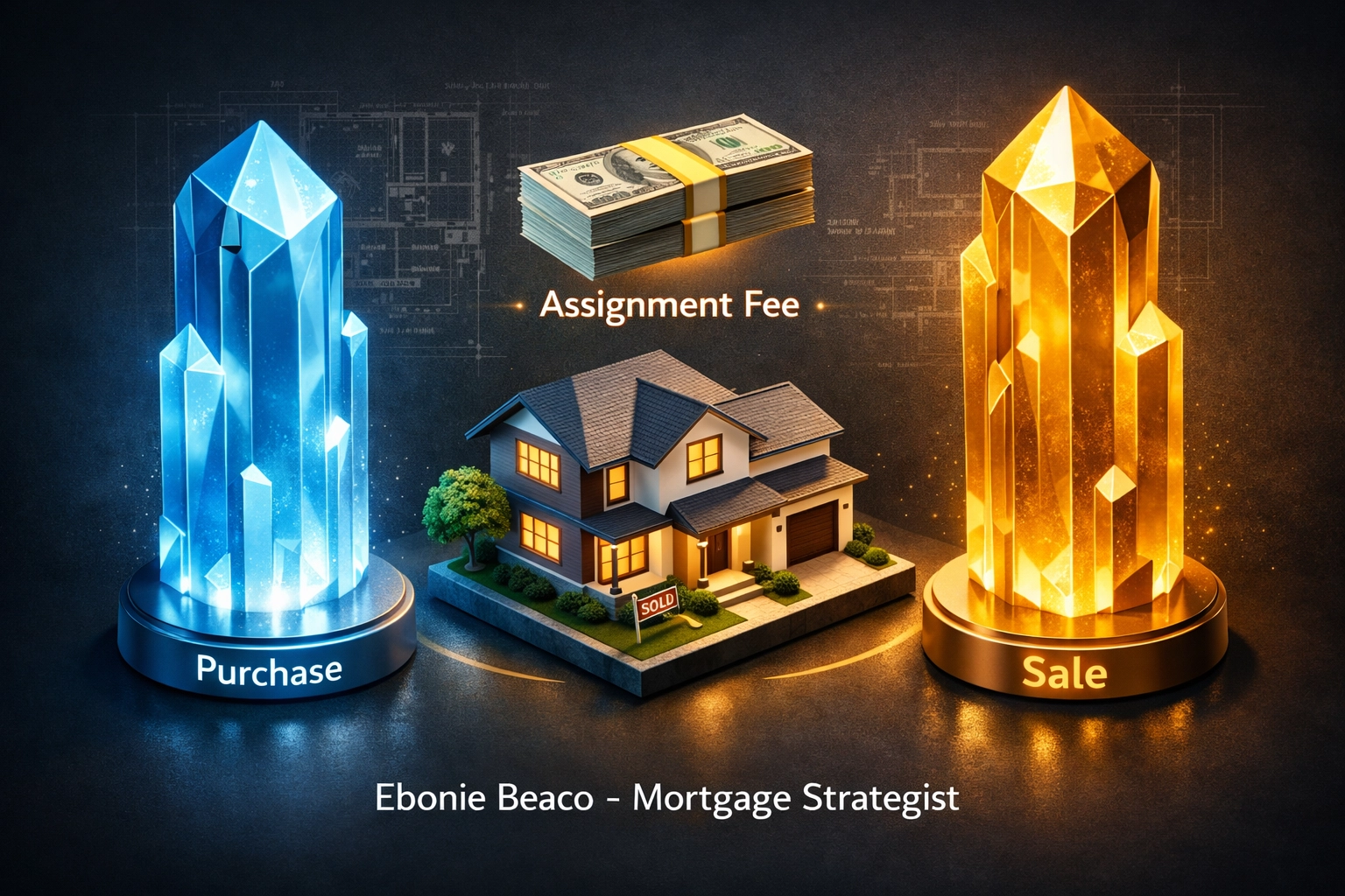 Visual flow of a wholesale real estate transaction illustrating the property sale and assignment fee for investors.