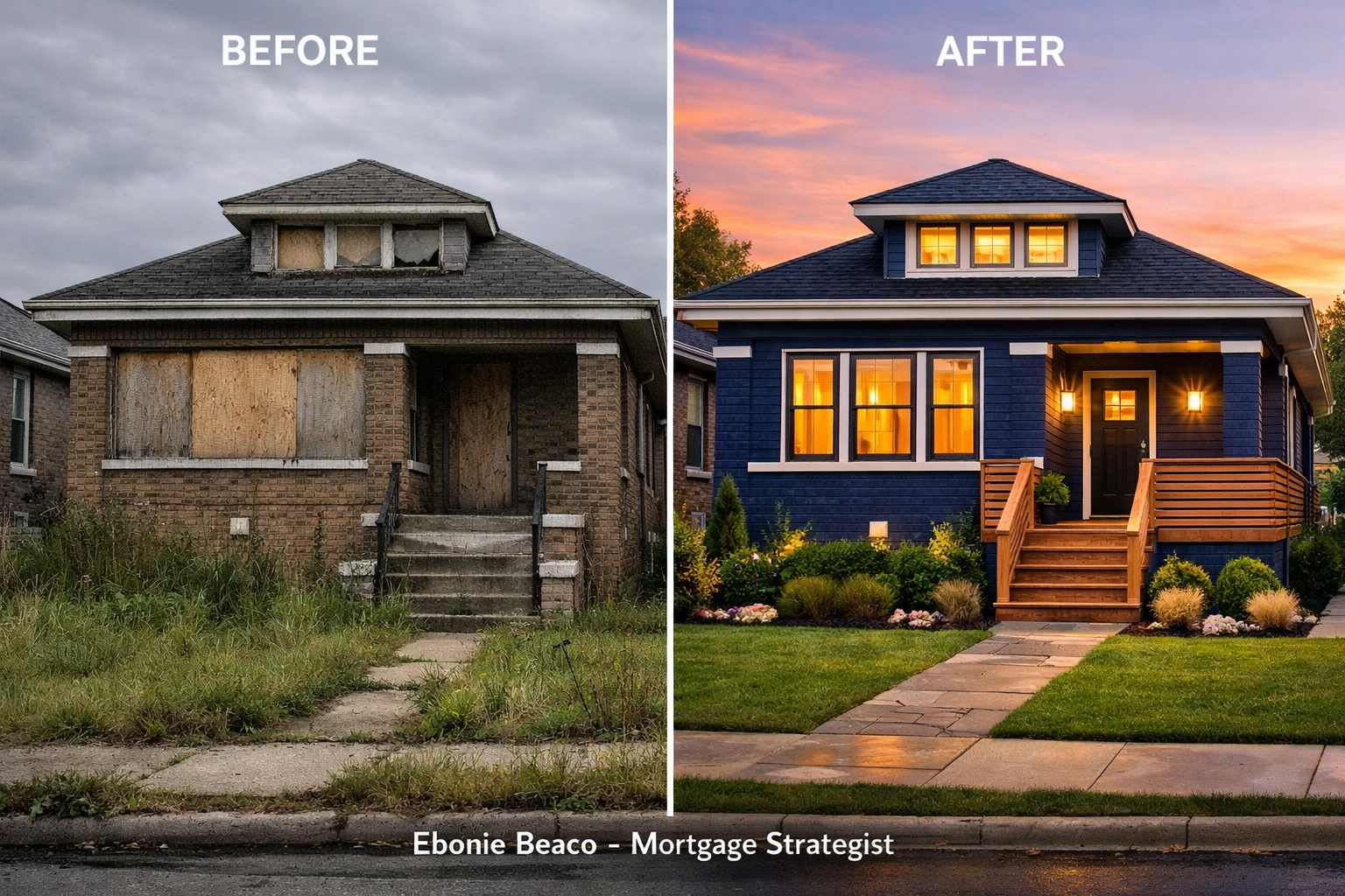 Before and after renovation of a Gary Indiana brick bungalow showing BRRRR method success.
