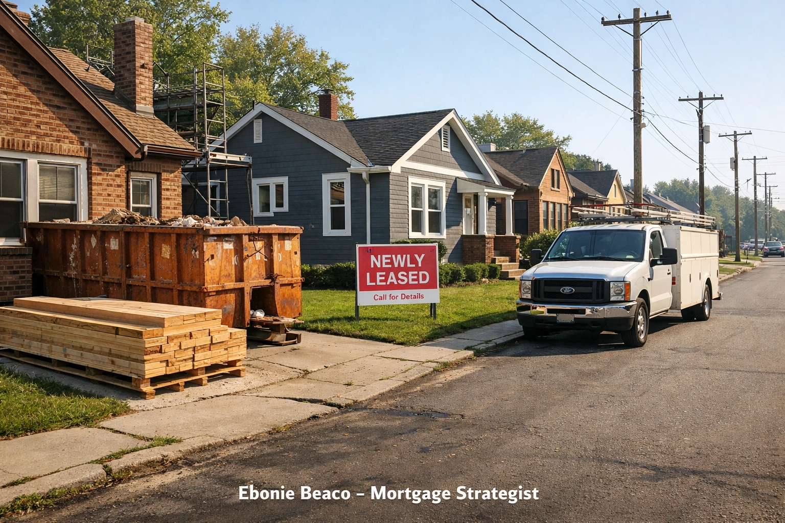 Neighborhood revitalization in Gary Indiana with renovated homes and active construction projects.
