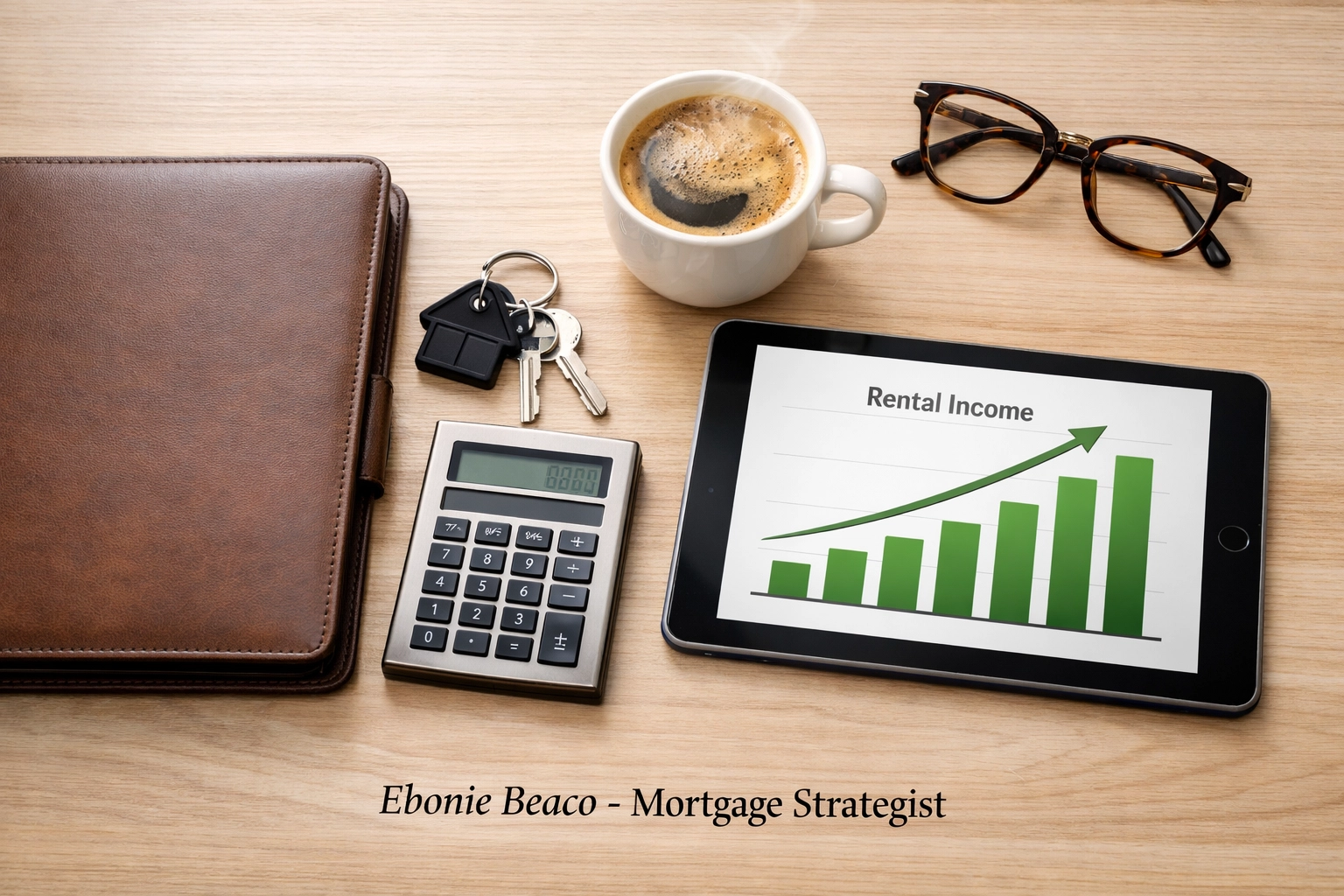 Real estate investor desk with a rental income growth chart and house keys for Indiana properties.