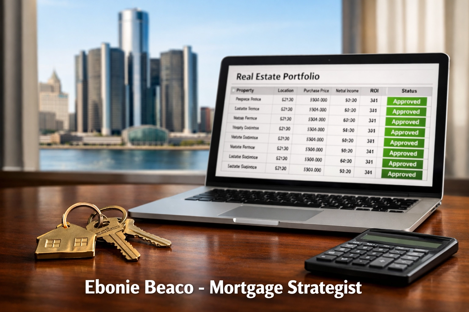 Real estate portfolio management and keys on a desk overlooking Detroit, perfect for a cash-out refinance strategy.
