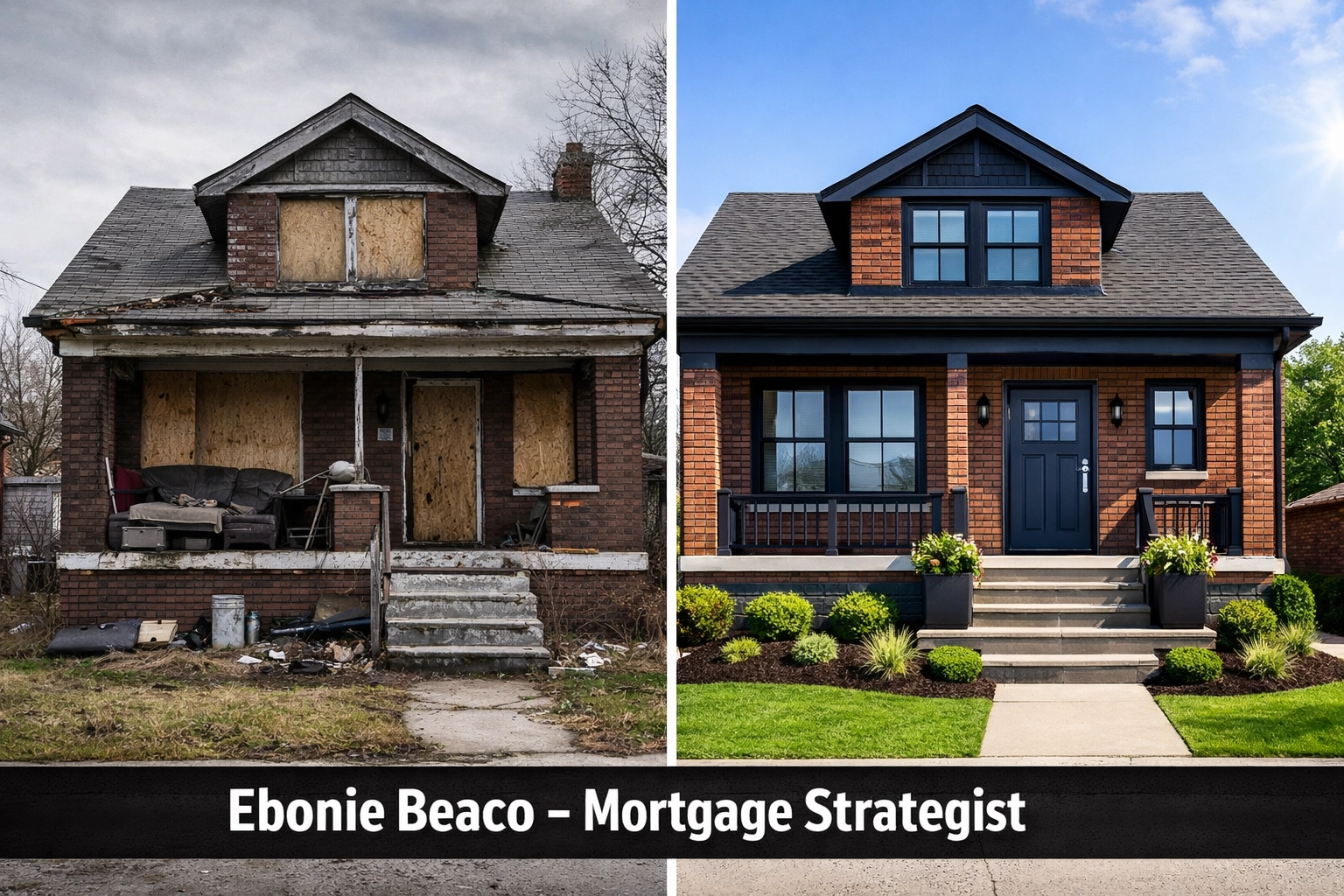 Before and after of a renovated Detroit bungalow highlighting the BRRRR method for Michigan investment property loans.