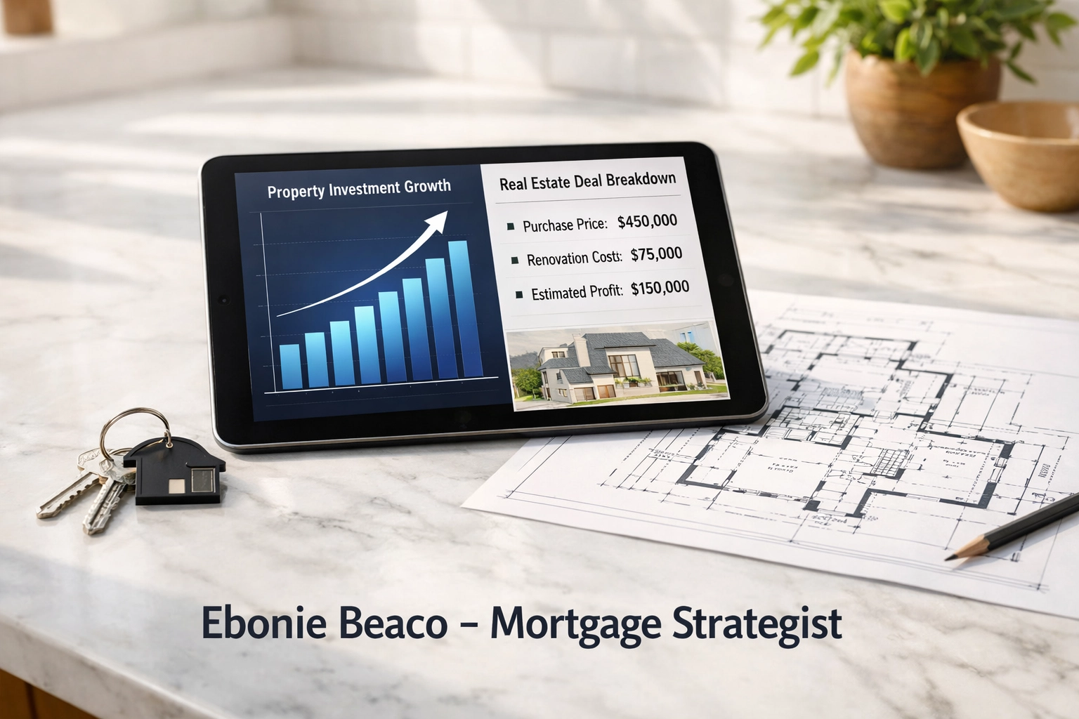 Tablet showing a real estate investment deal breakdown and cash-out metrics for a successful Los Angeles ADU project.