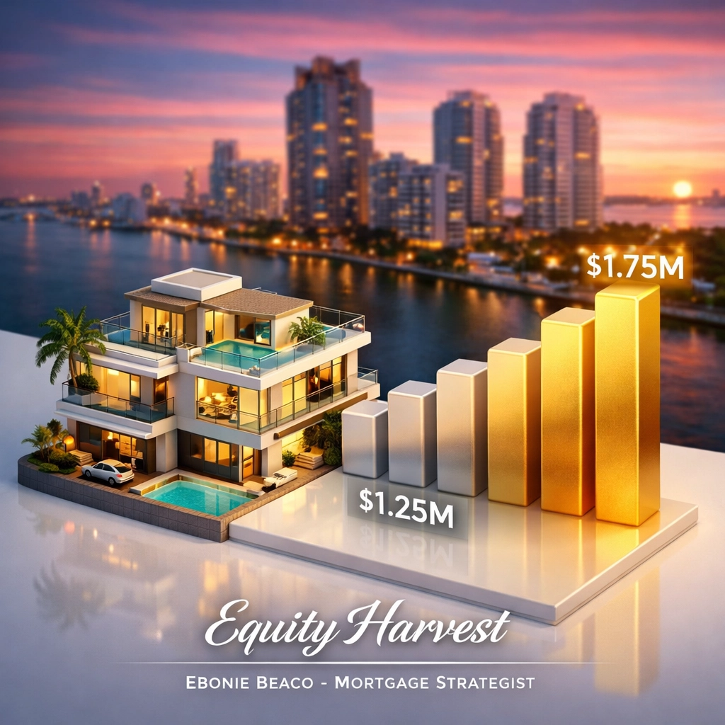Financial chart showing a South Beach duplex equity harvest and cash-out refinance growth from $1.25M to $1.75M.