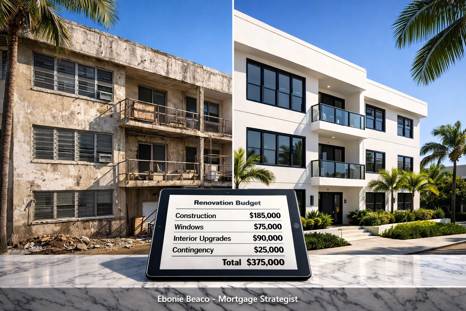 South Beach multi-family renovation showing before and after upgrades and a digital rehab budget breakdown.