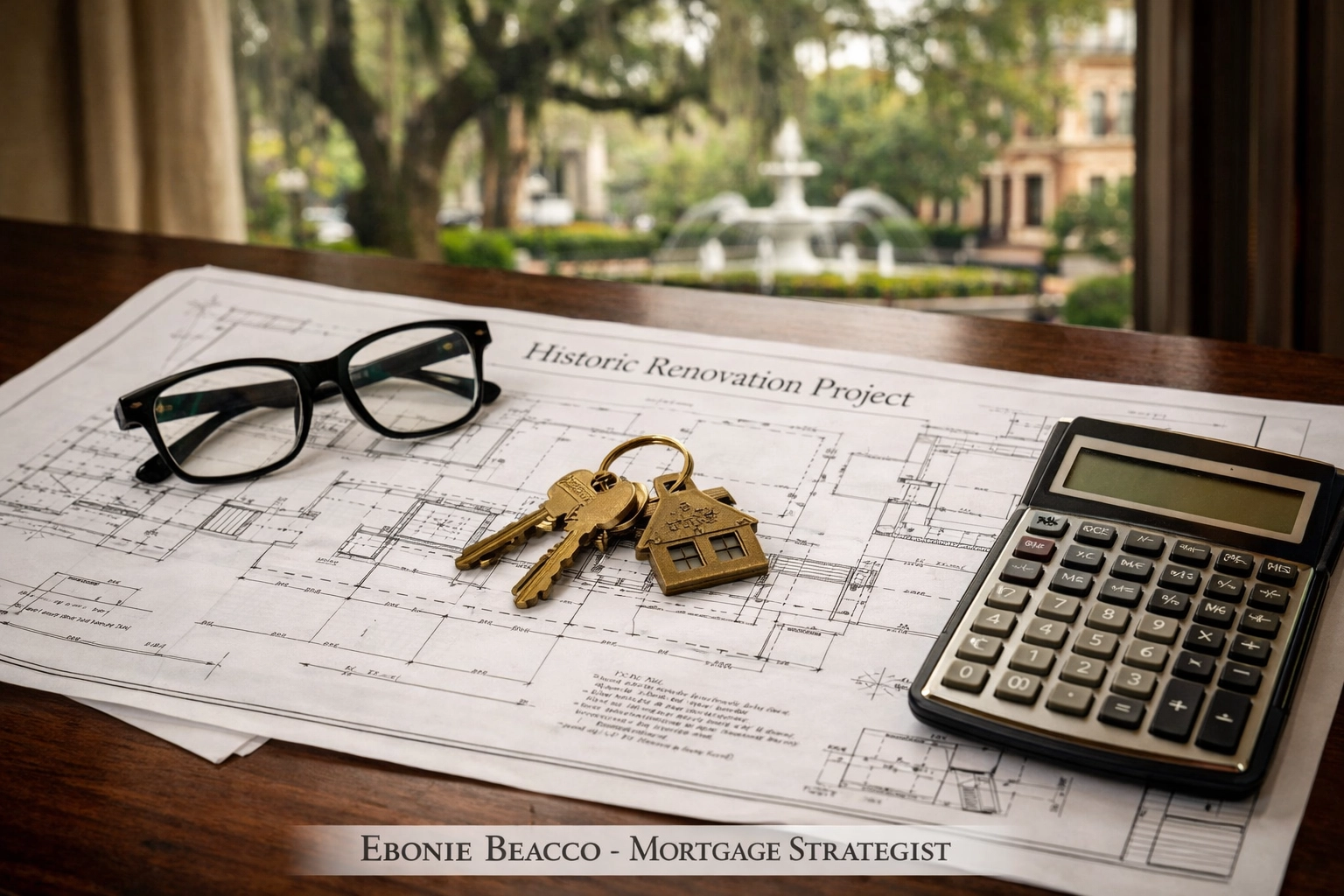 Real estate investor workspace with blueprints, planning for historic Savannah Georgia rental property financing.