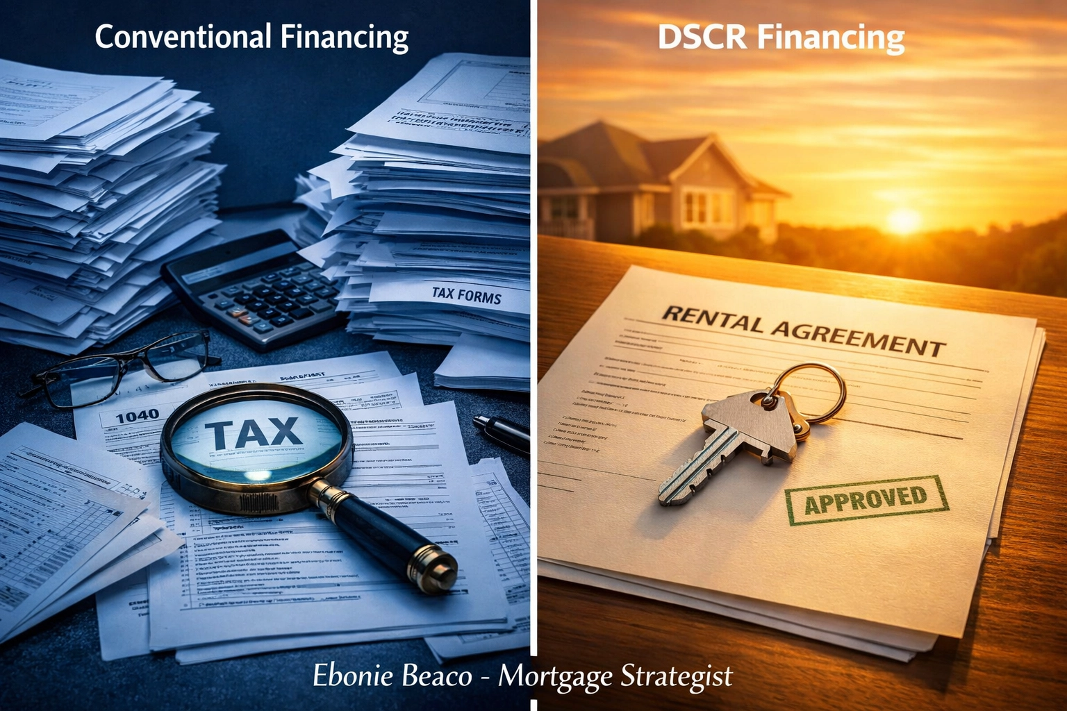 Comparison of conventional mortgage hurdles versus the streamlined DSCR rental property loan process for investors.