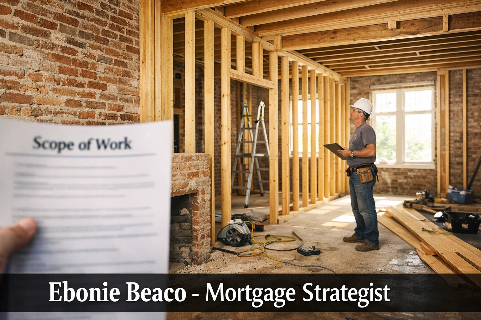 Active renovation of a historic St. Louis home showing exposed brick and blueprints for a bridge loan draw request.