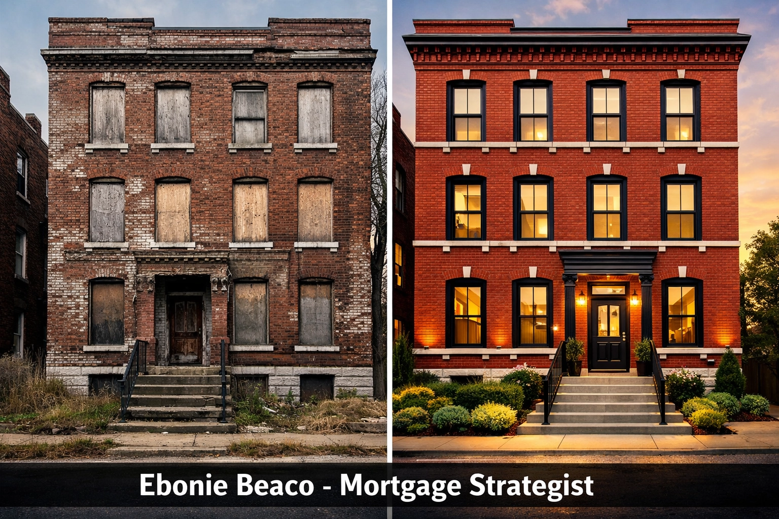 Before and after transformation of a St. Louis red-brick multi-family property using a bridge loan for rehab.