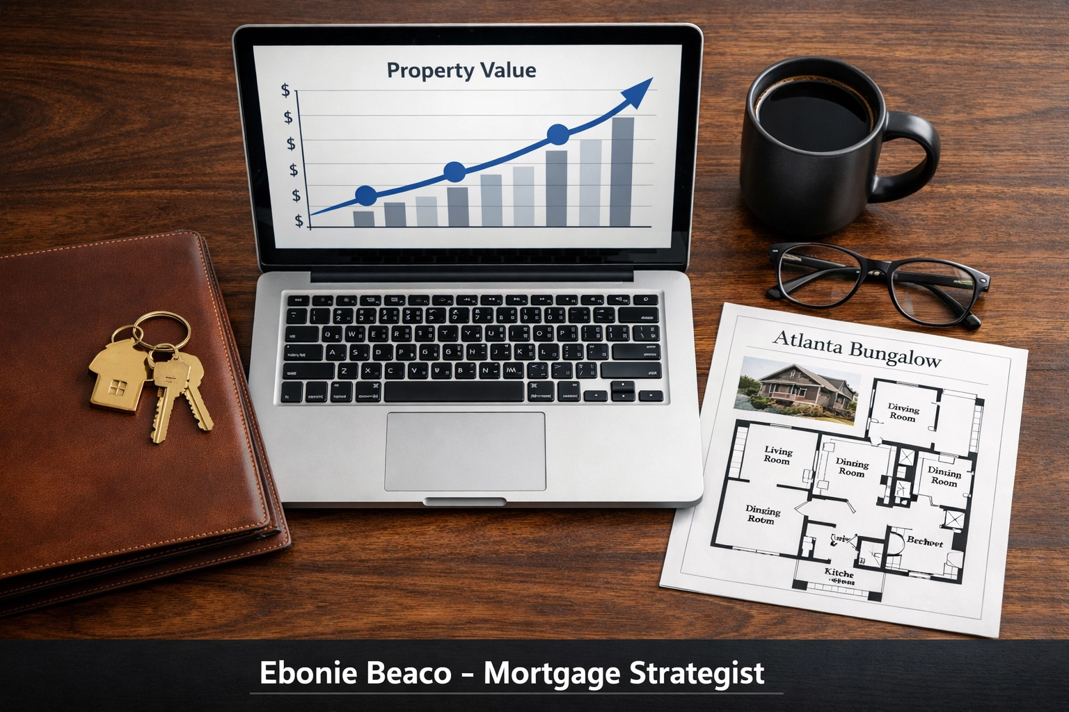 Investor workspace with property value growth charts and floor plans for Georgia real estate financing.
