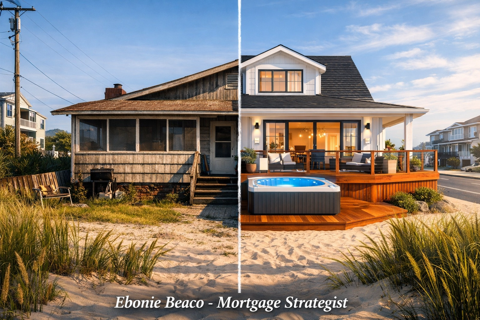 Virginia Beach renovation showing a weathered bungalow transformed into a luxury short-term rental investment property.