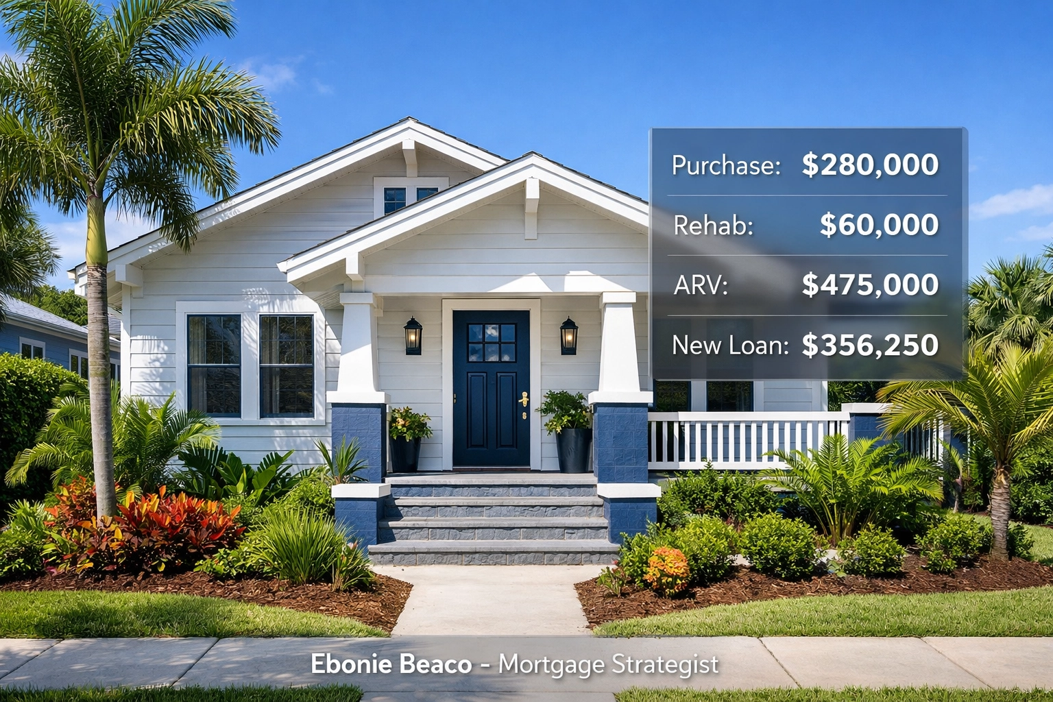 Renovated Tampa bungalow BRRRR deal showing cash-out refinance numbers for a 30-year fixed DSCR loan.