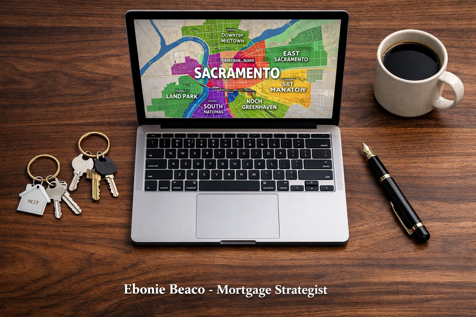 Desk with keys and Sacramento map representing strategic planning for a DSCR loan rental property portfolio.