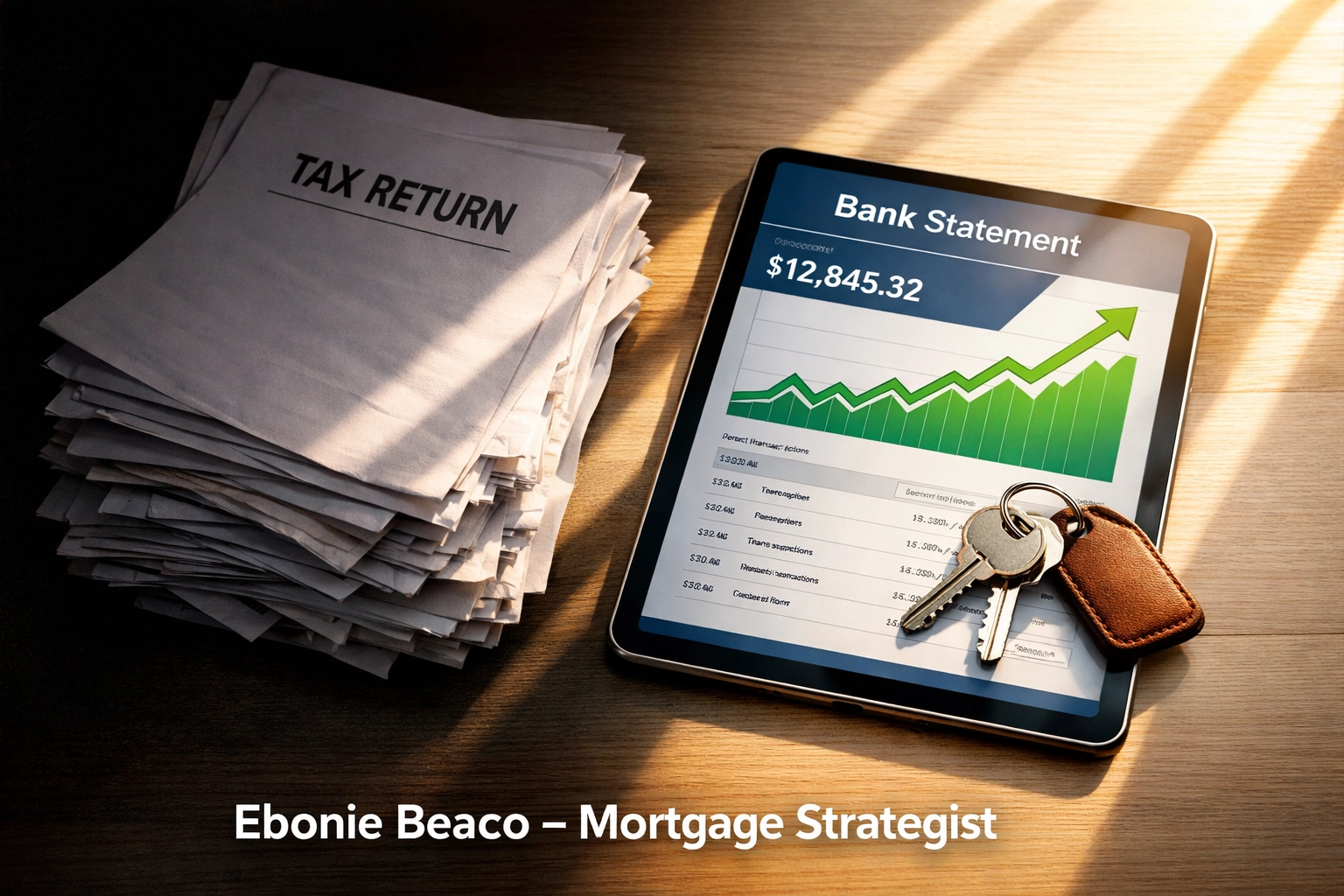 Digital bank statements and house keys showing how Arkansas bank statement mortgage loans work for investors.