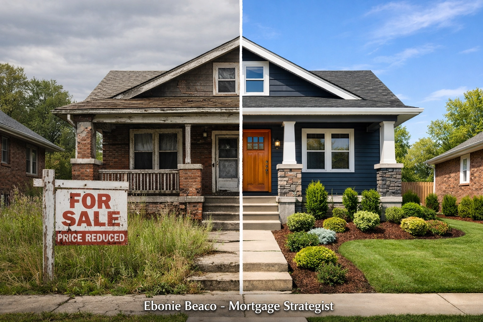Before and after of a Missouri rental property renovation demonstrating the BRRRR strategy in Kansas City.