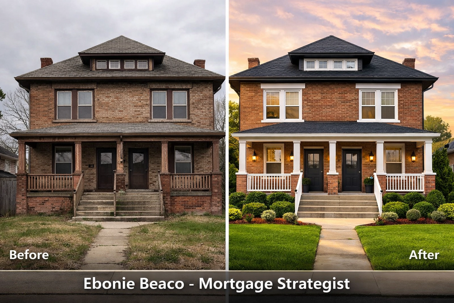 Before and after transformation of a Peoria duplex using the BRRRR method for investment property loans.