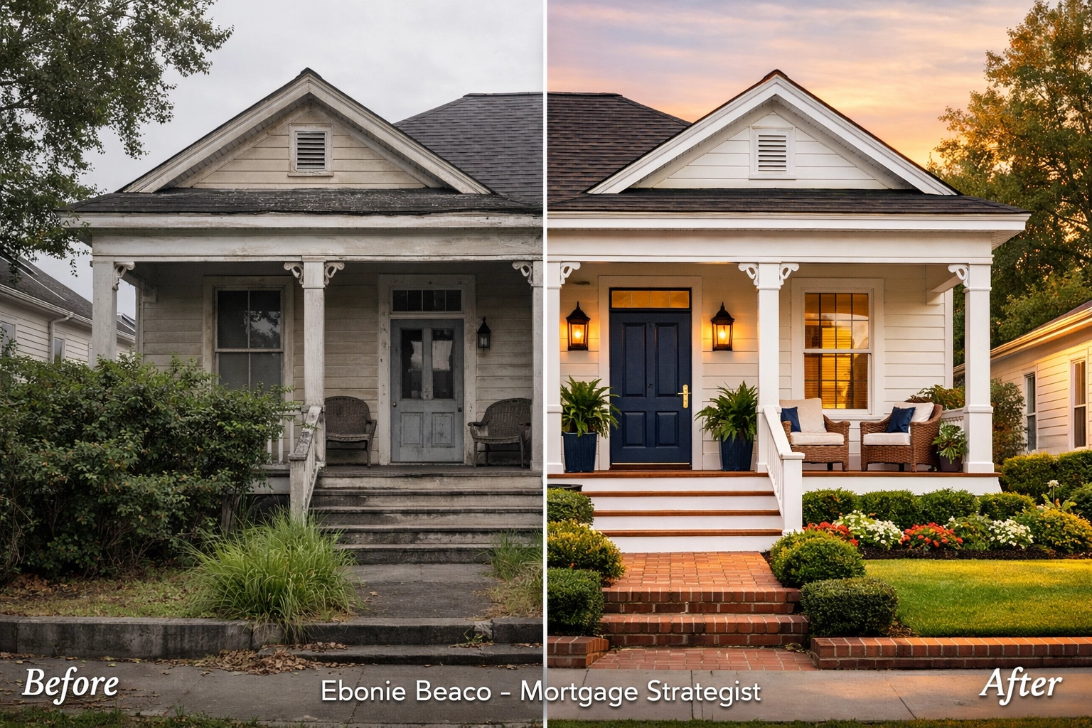 Before and after renovation of a historic Mobile Alabama cottage showing the success of the BRRRR method.