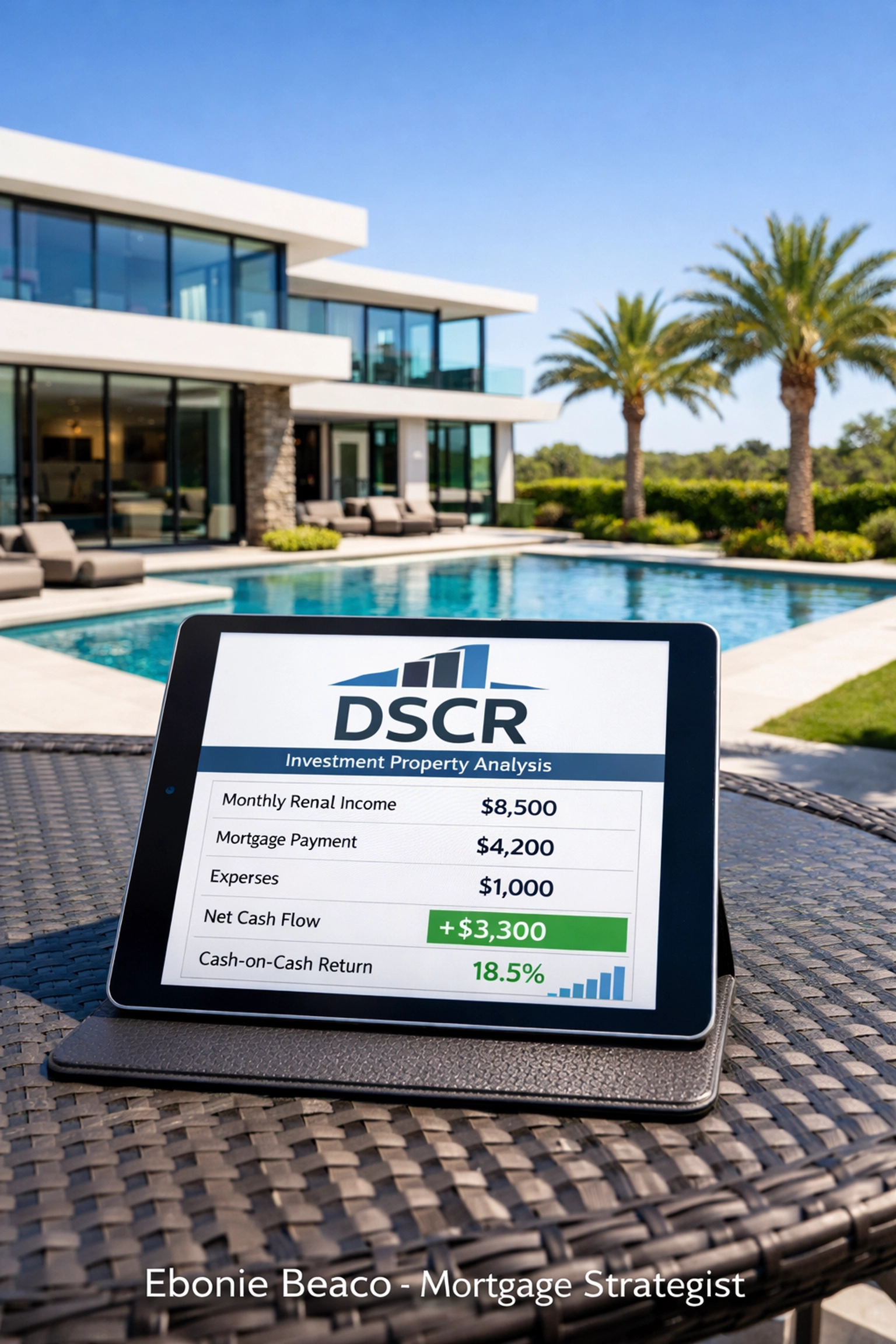 Modern Orlando investment home and tablet showing Florida DSCR loan rental income calculations.