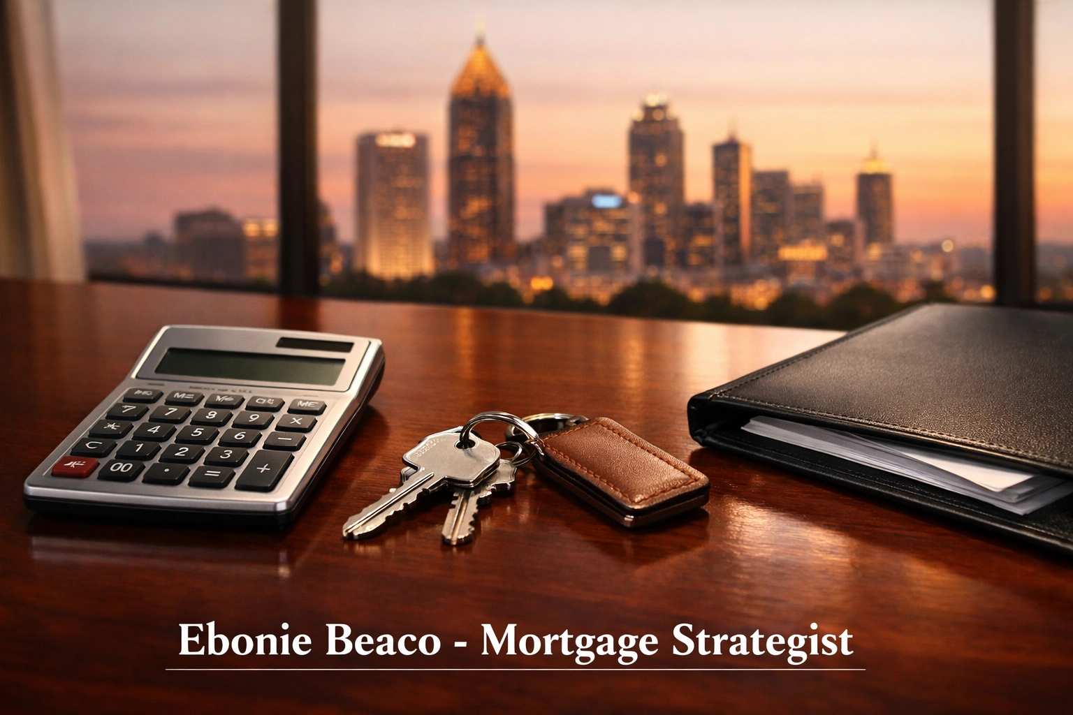 House keys and a calculator on a desk with the Atlanta skyline, representing a DSCR loan refinance.