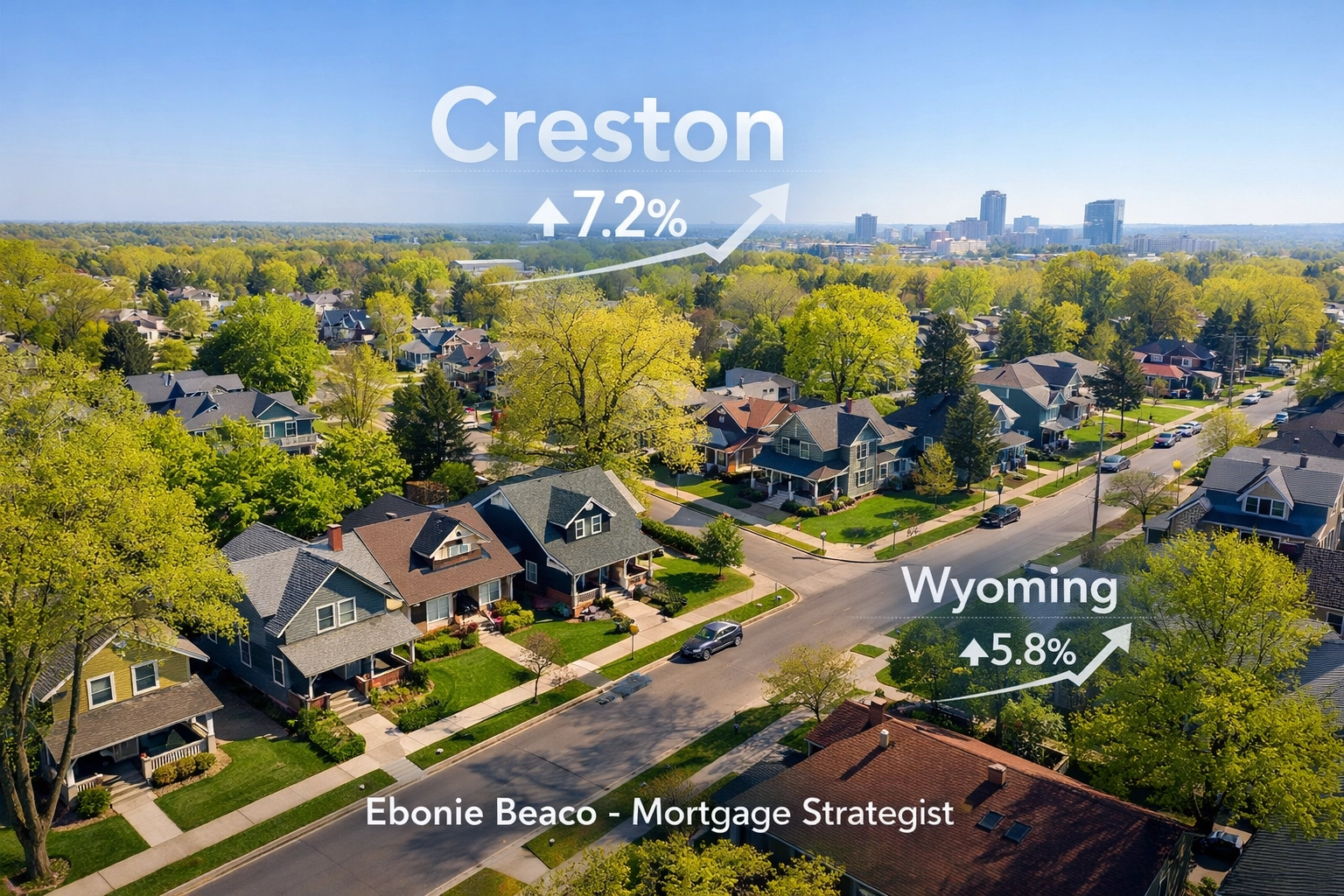Aerial view of Grand Rapids neighborhoods showing rising home values for Michigan real estate investors.