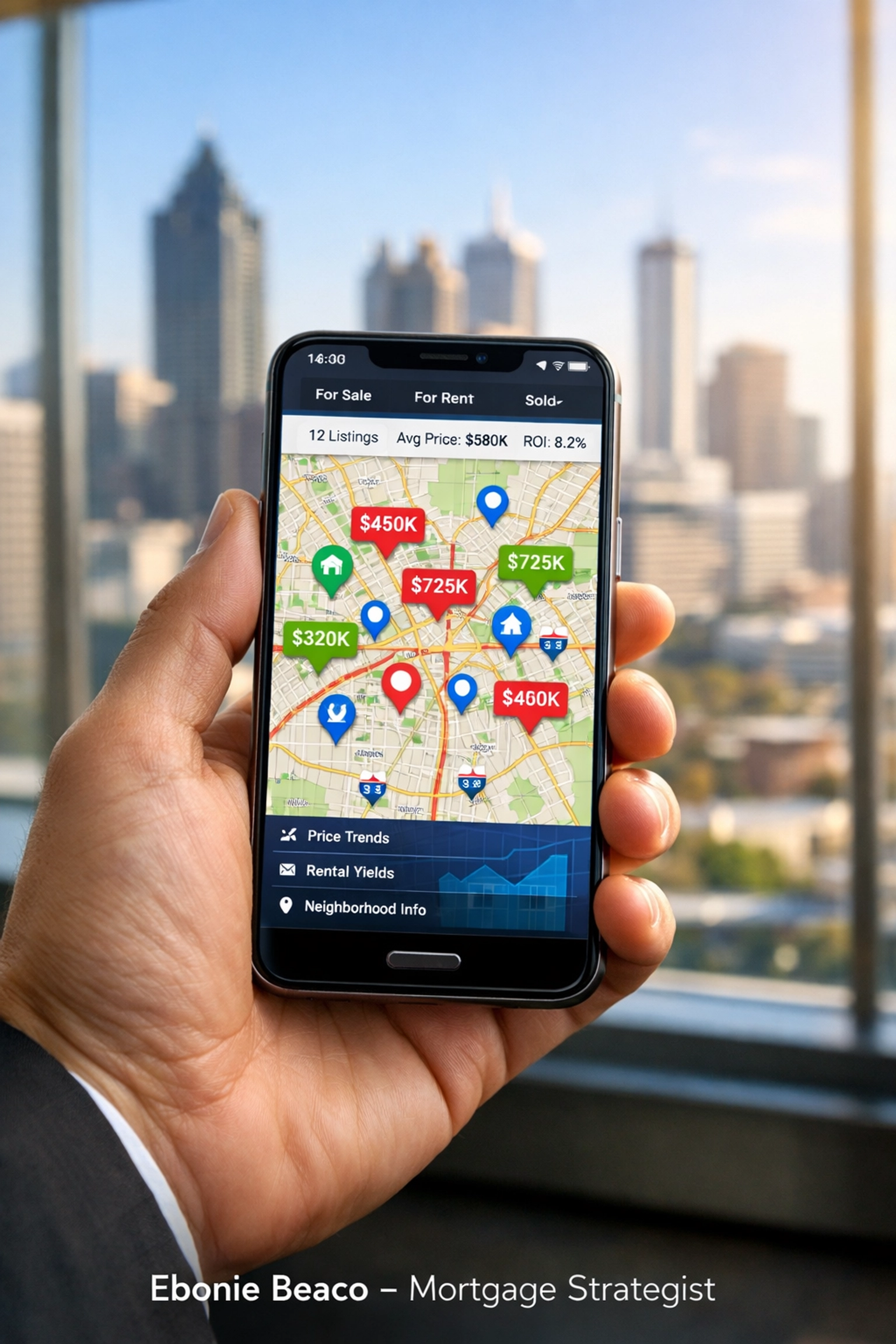 Professional using a smartphone app to find off-market real estate deals with the Atlanta skyline background.