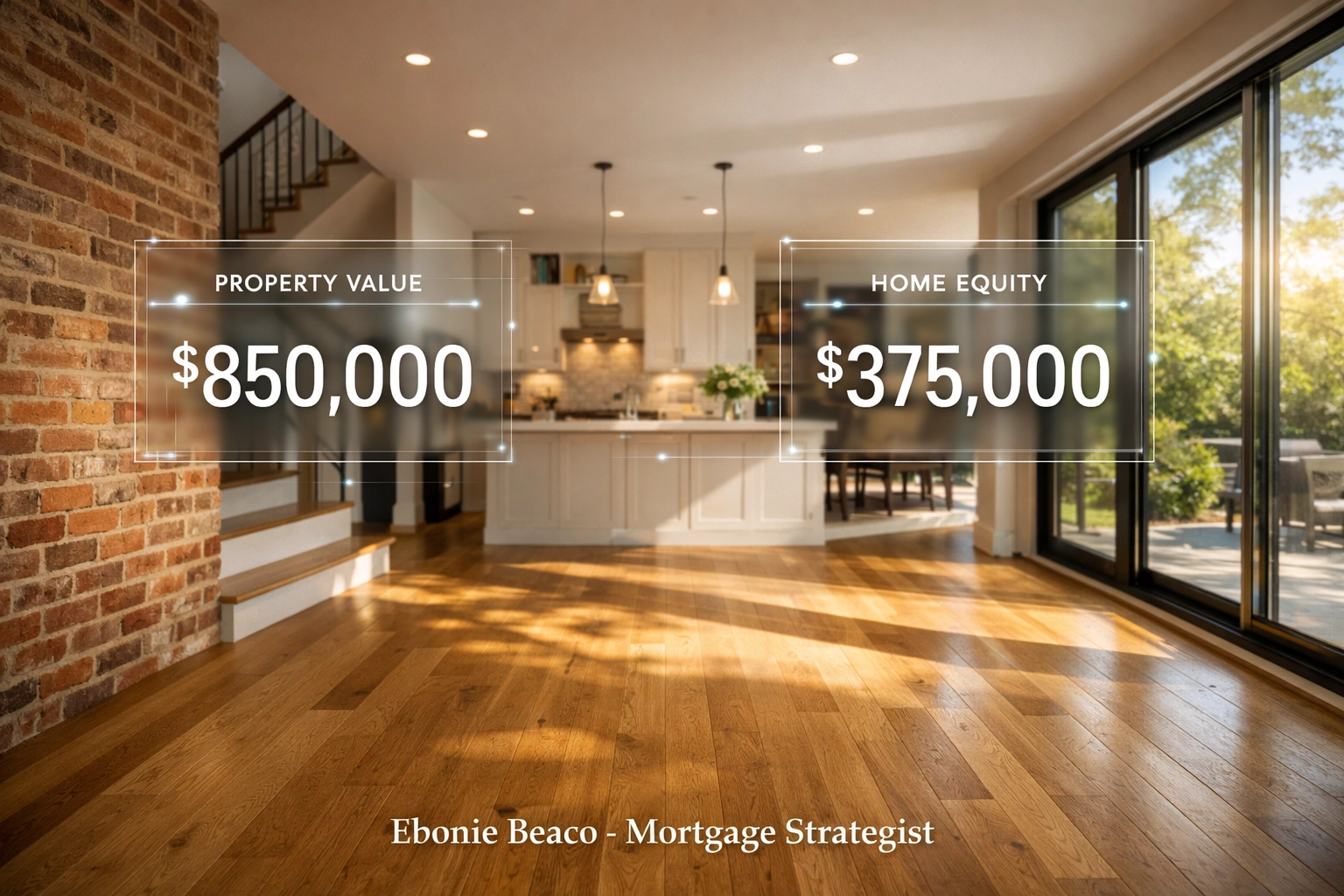 Modern home renovation display showing how property value and mortgage balance determine total HELOC availability.