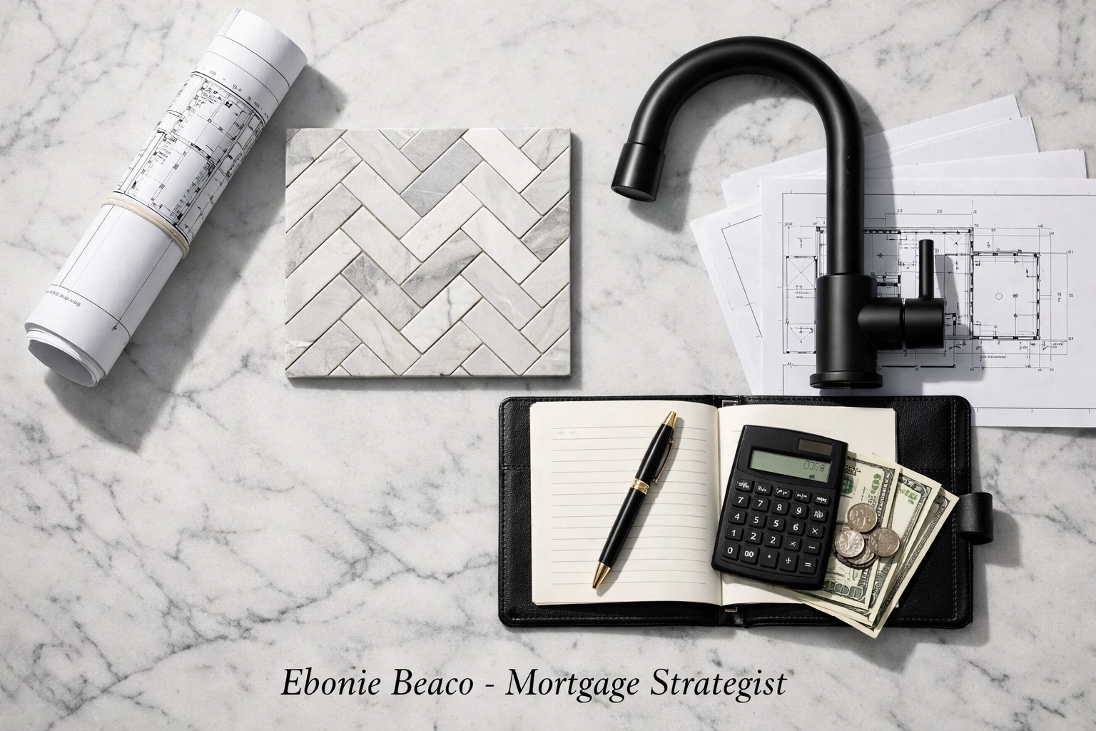 Renovation planning workspace with blueprints and materials representing a HELOC budget and financial safety buffer.