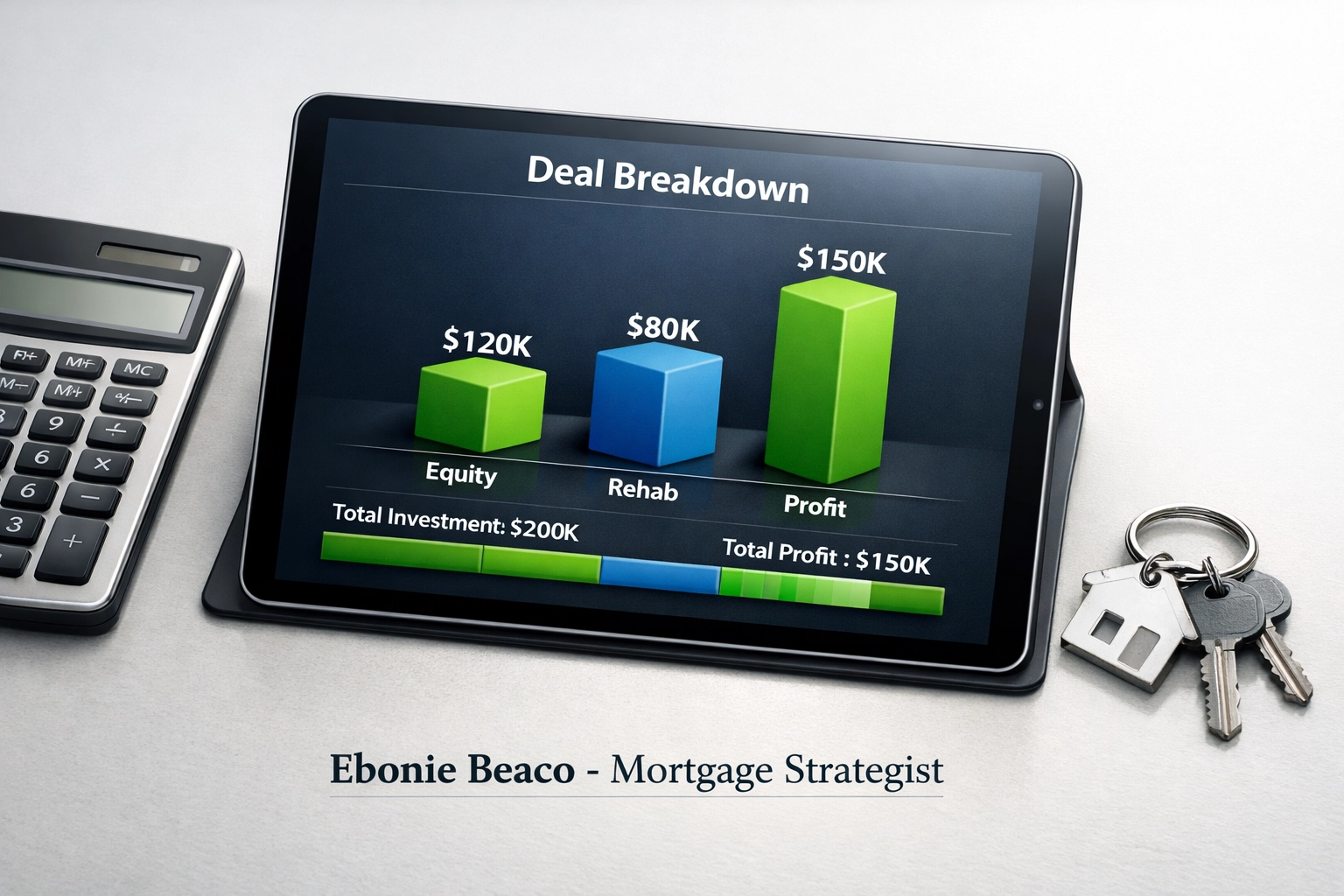 Real estate deal breakdown chart on a tablet showing equity, rehab costs, and wholesale profit.