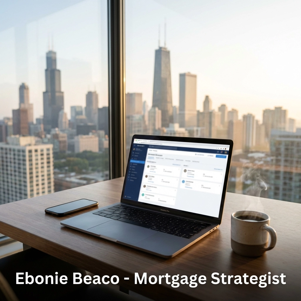 Modern home office with a Chicago skyline view representing scaled real estate business operations.