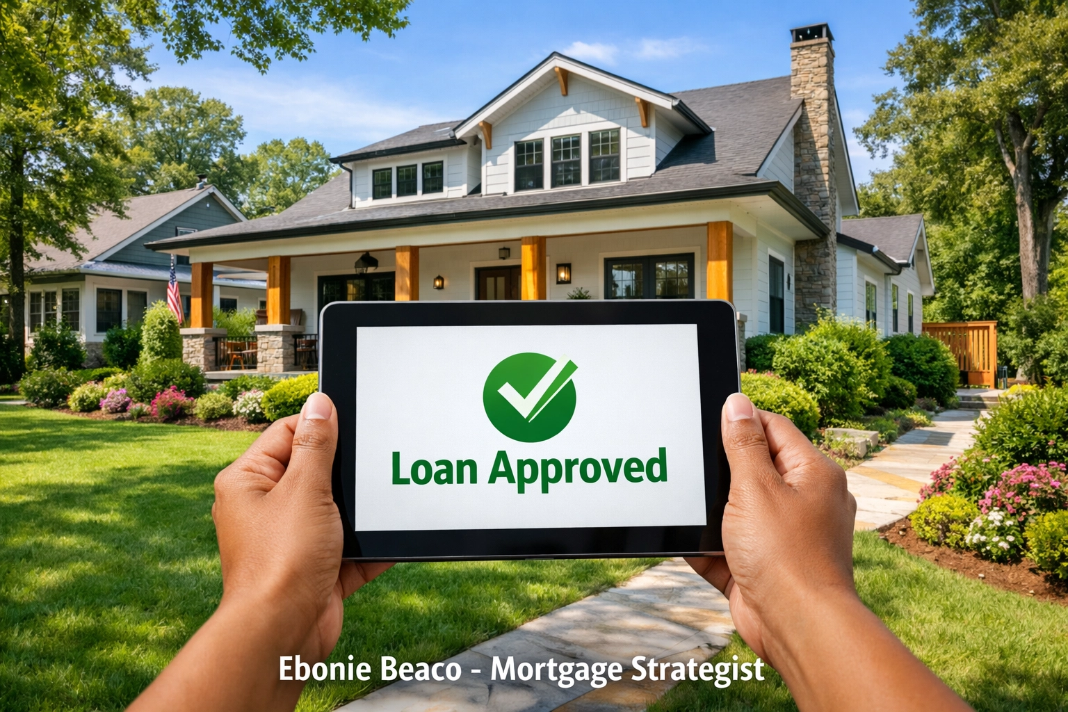 Digital loan approval notification for a Georgia HELOC lender on a tablet in front of a renovated suburban home.