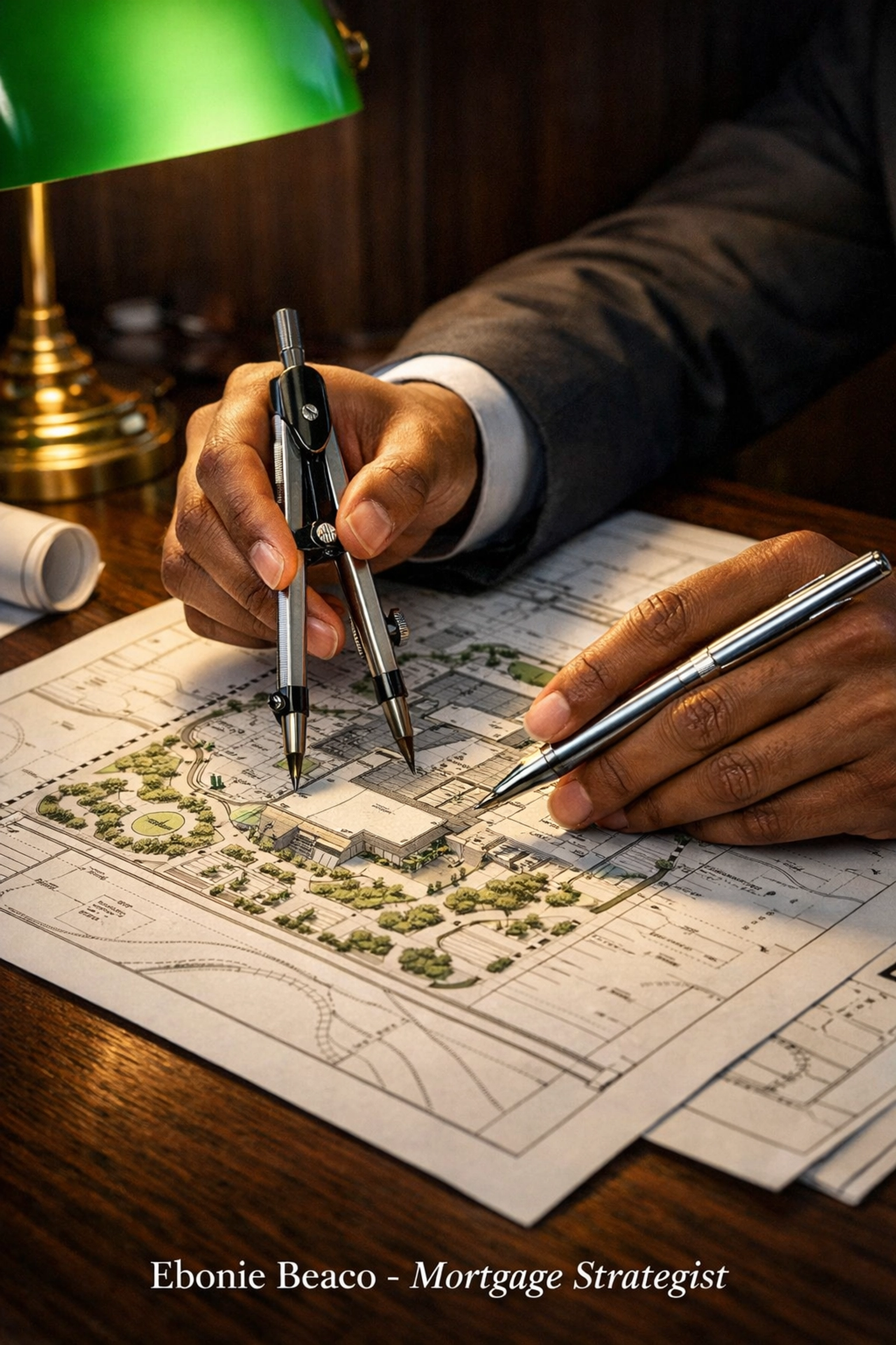Hands reviewing architectural plans at a desk symbolizing professional mortgage strategy and financial planning.