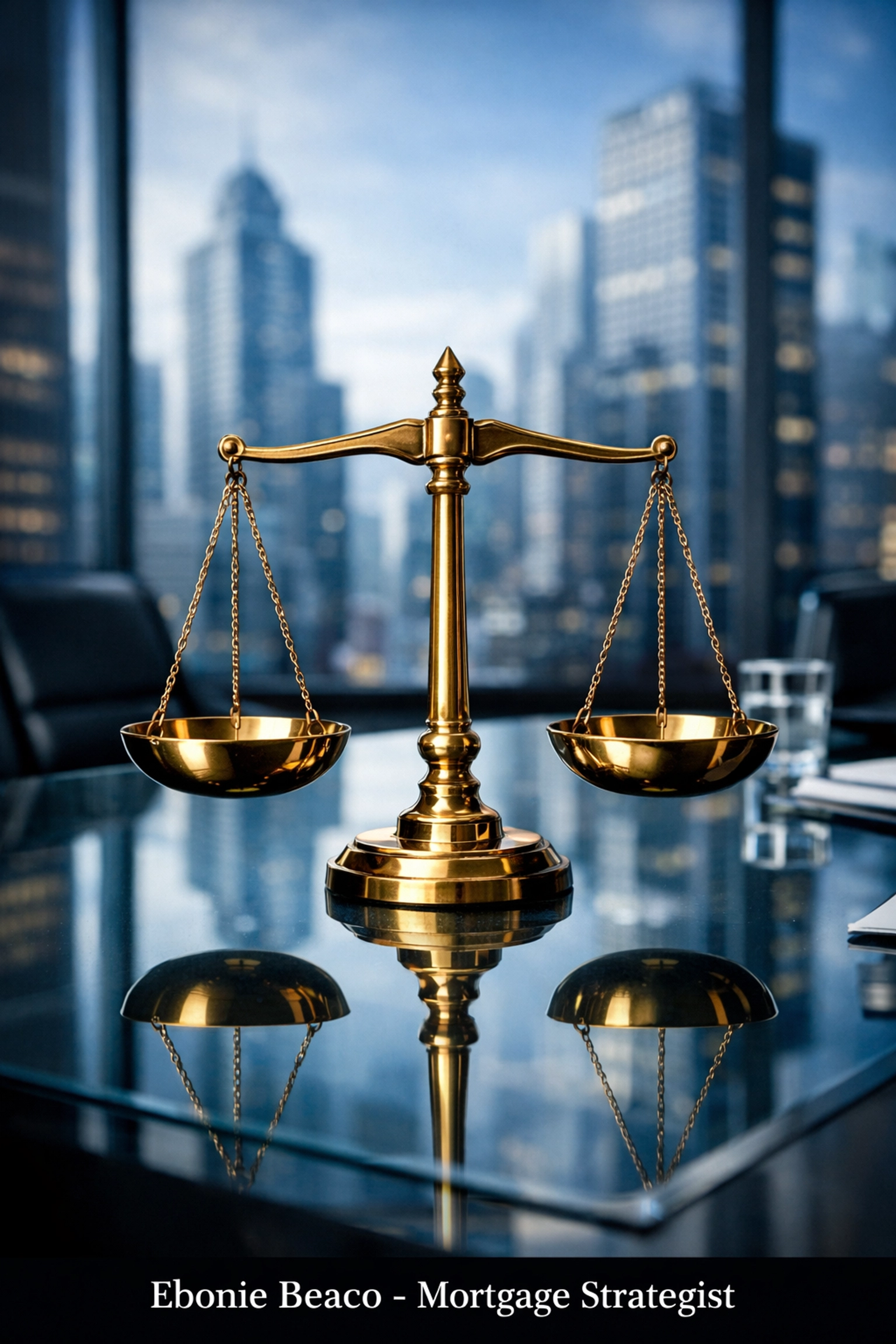 Balanced scales on a glass table representing mortgage rate stability and Federal Reserve market decisions.