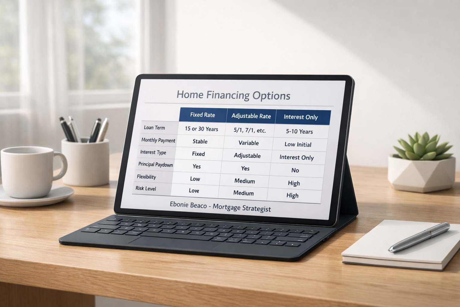 Modern home office desk with a digital tablet displaying a comparison of real estate financing and mortgage options.