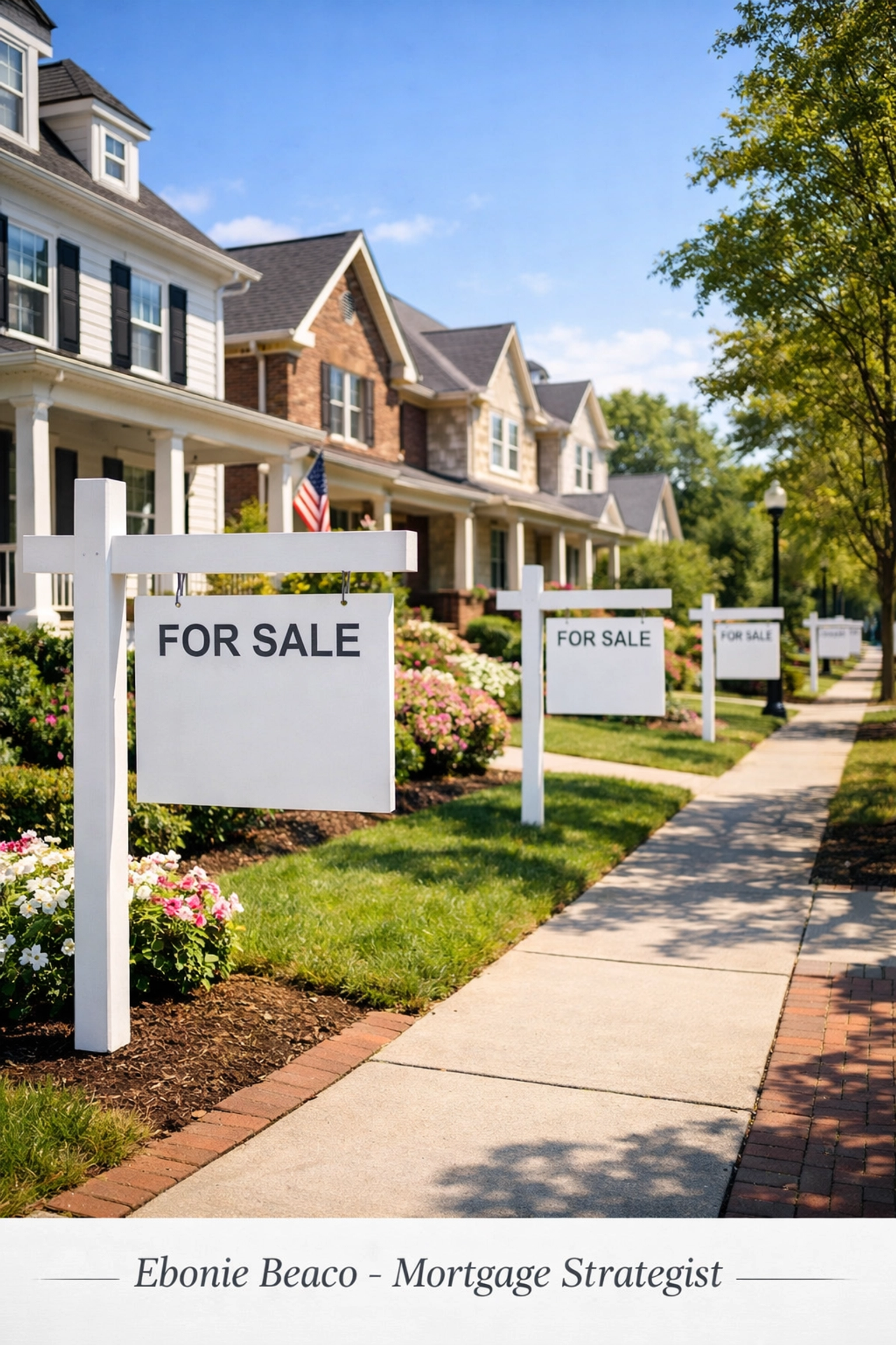 Sun-drenched Virginia suburban street with white for sale signs in front of modern homes showing increased inventory.