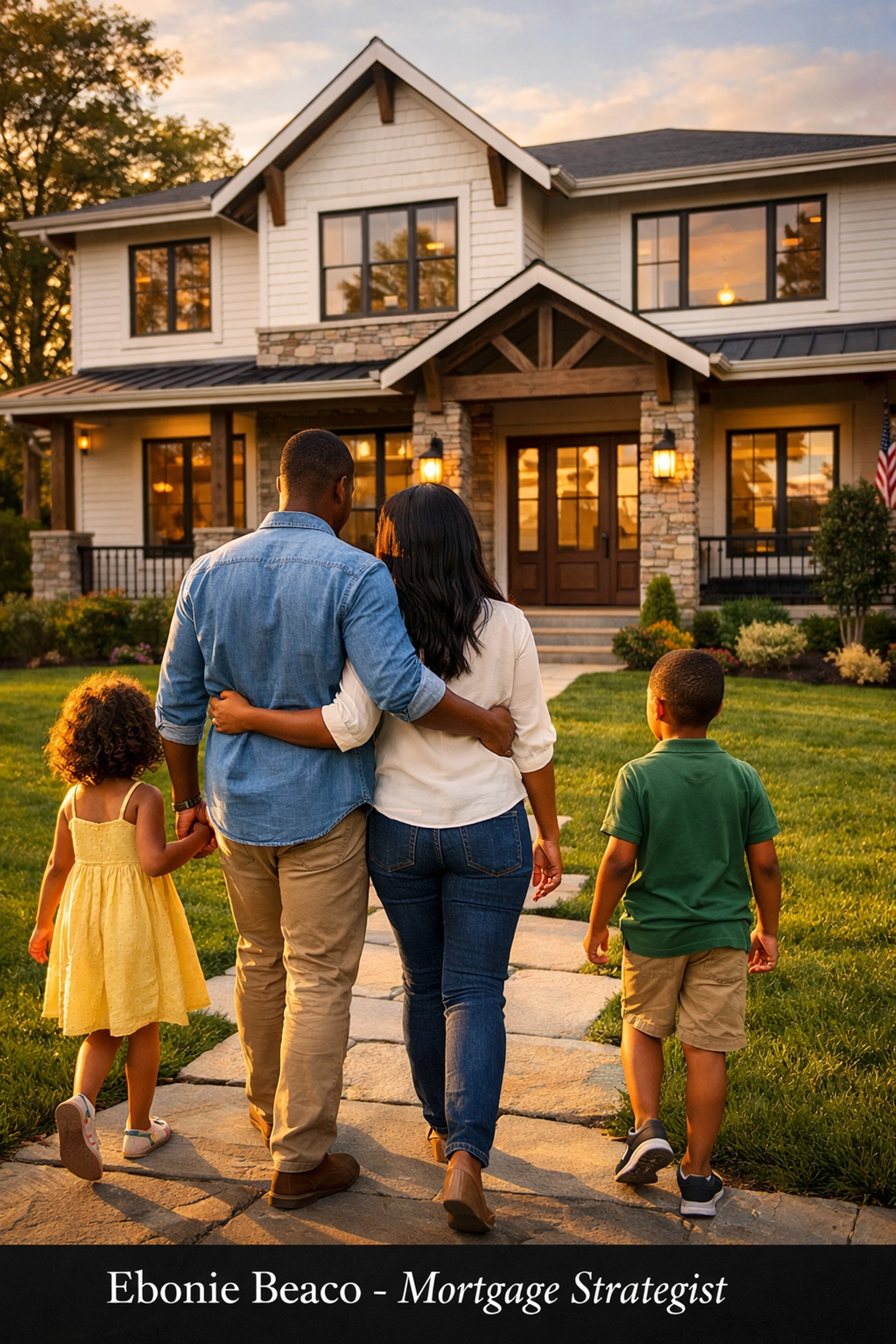 Happy family walking to their new contemporary Virginia home, using home equity for a lifestyle upgrade.