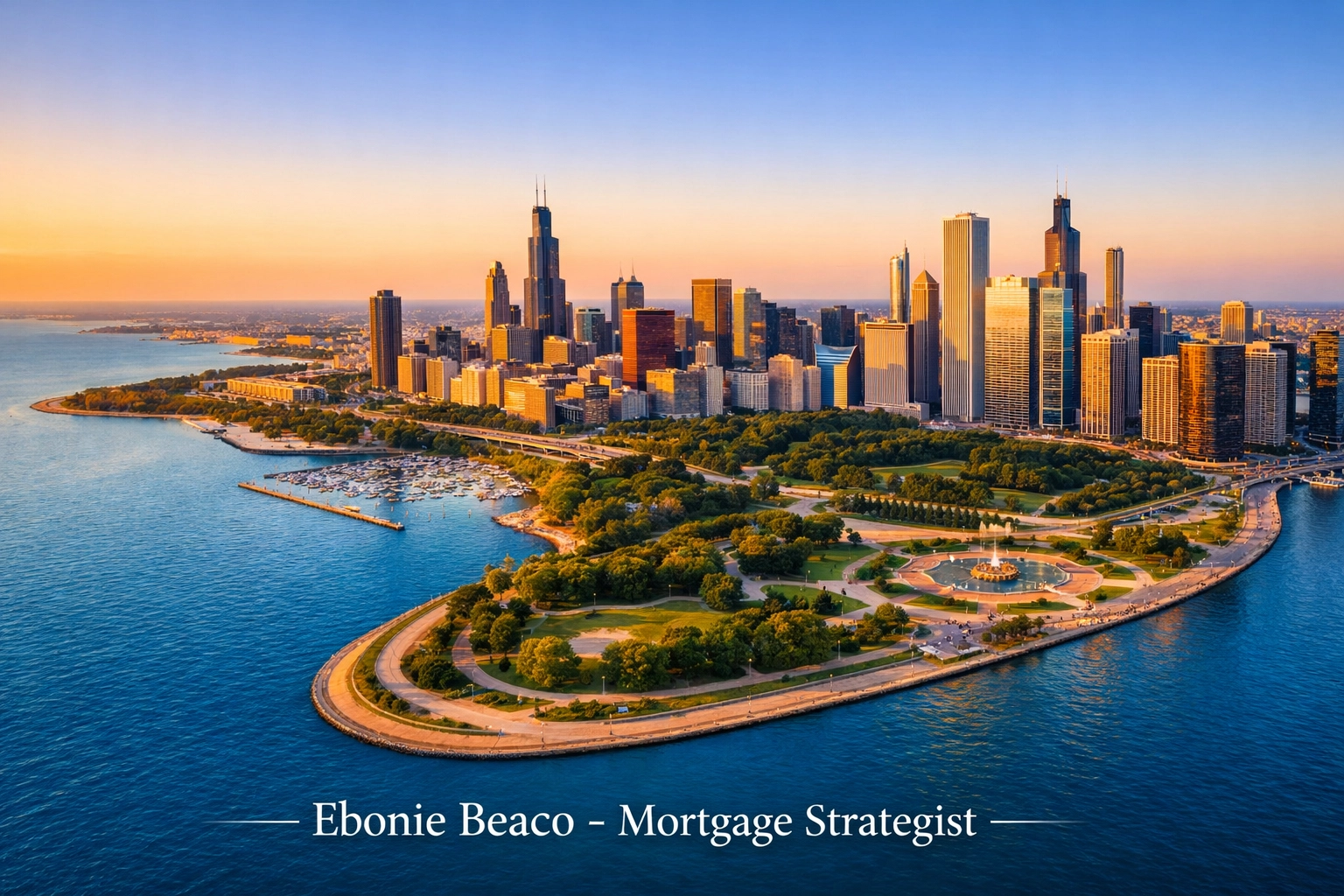 Aerial view of the Chicago skyline at sunset representing a healthy and rebalancing urban real estate market.