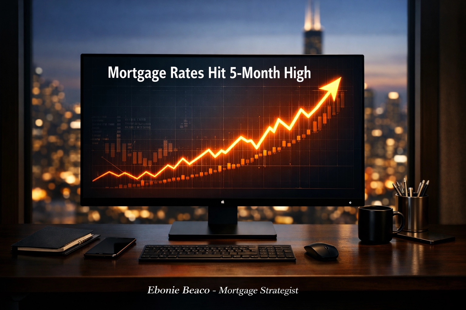 Rising mortgage rate chart on a monitor showing the recent 5-month high trend in the housing market.