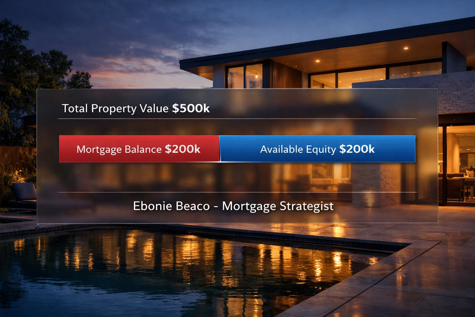 Home equity extraction graphic showing mortgage balance and available cash-out refinance funds.