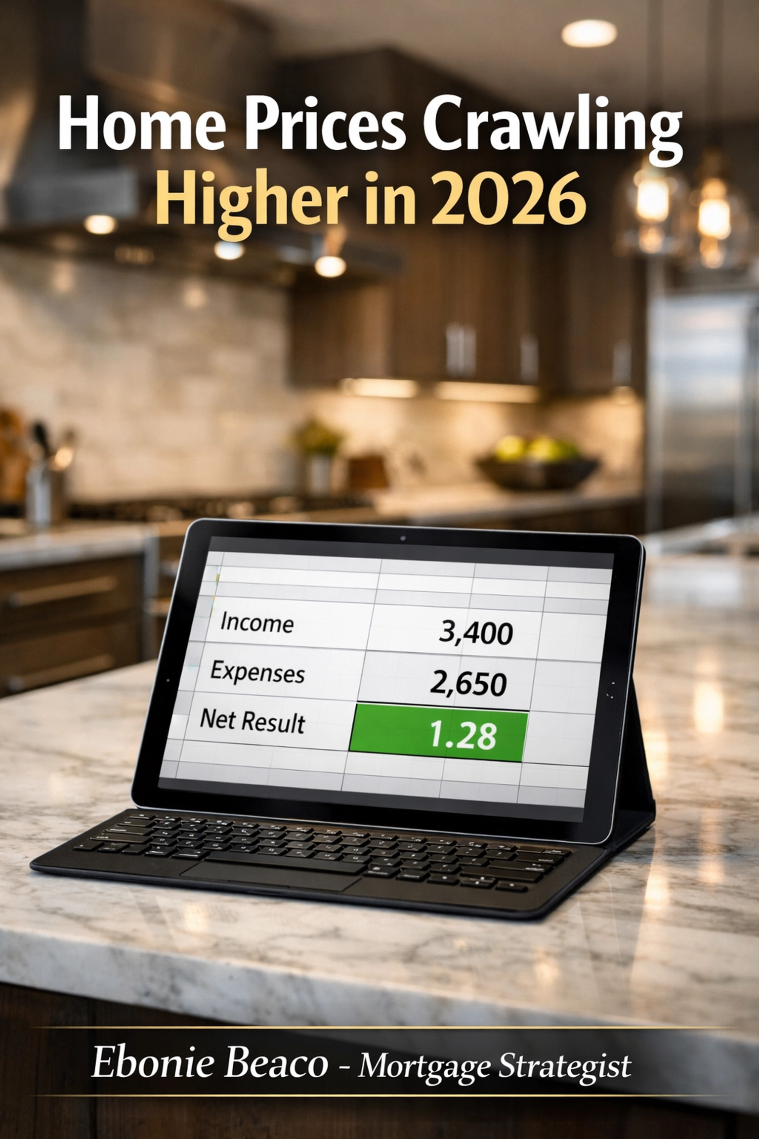 Tablet showing a 1.28 DSCR calculation for a rental property investment analysis in a modern kitchen.