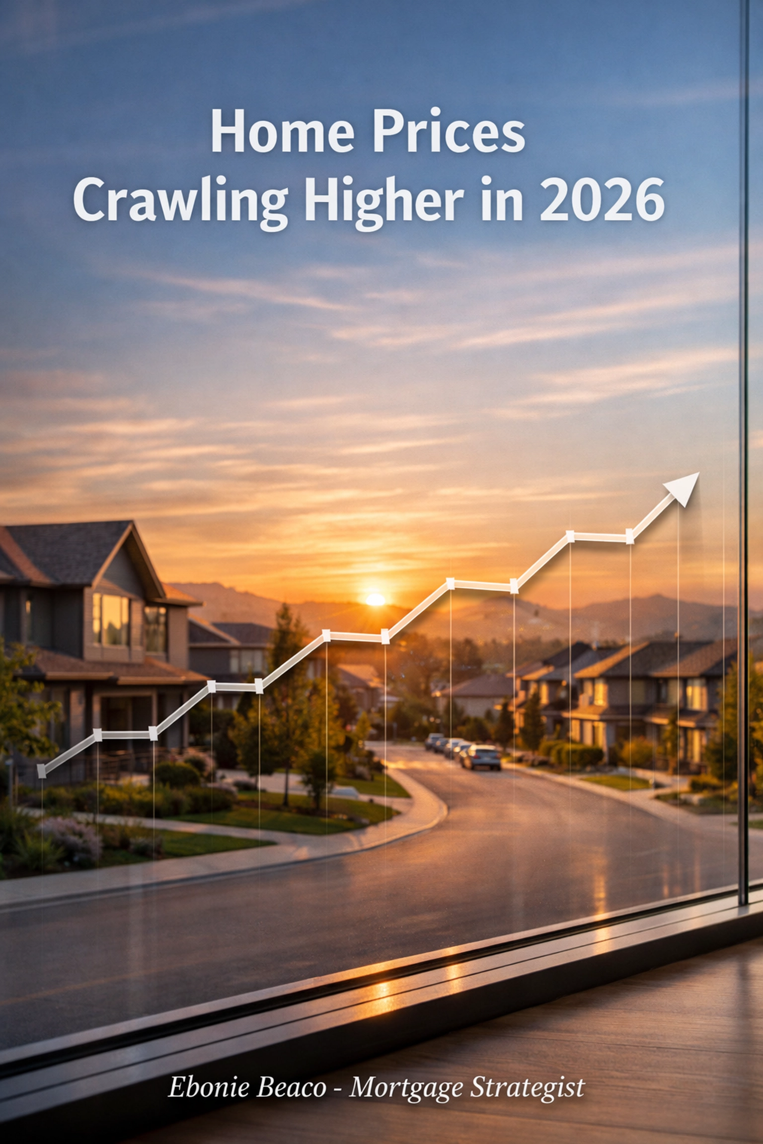 Line graph showing the 1.8 percent national home price growth forecast for 2026 over a suburban neighborhood.