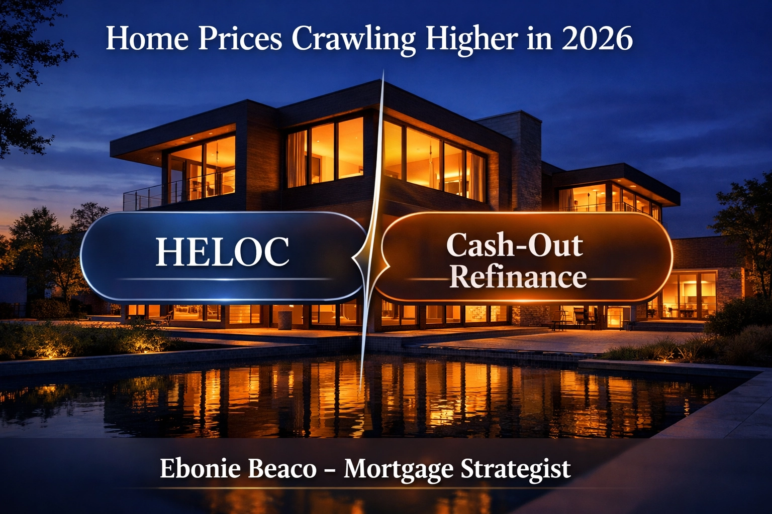 Visual comparison of HELOC and cash-out refinance options for homeowners over a modern house at twilight.
