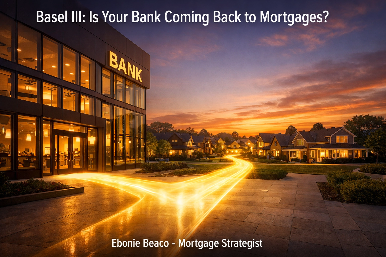 Modern bank connected to suburban homes by light, symbolizing the return of mortgage lending under Basel III.