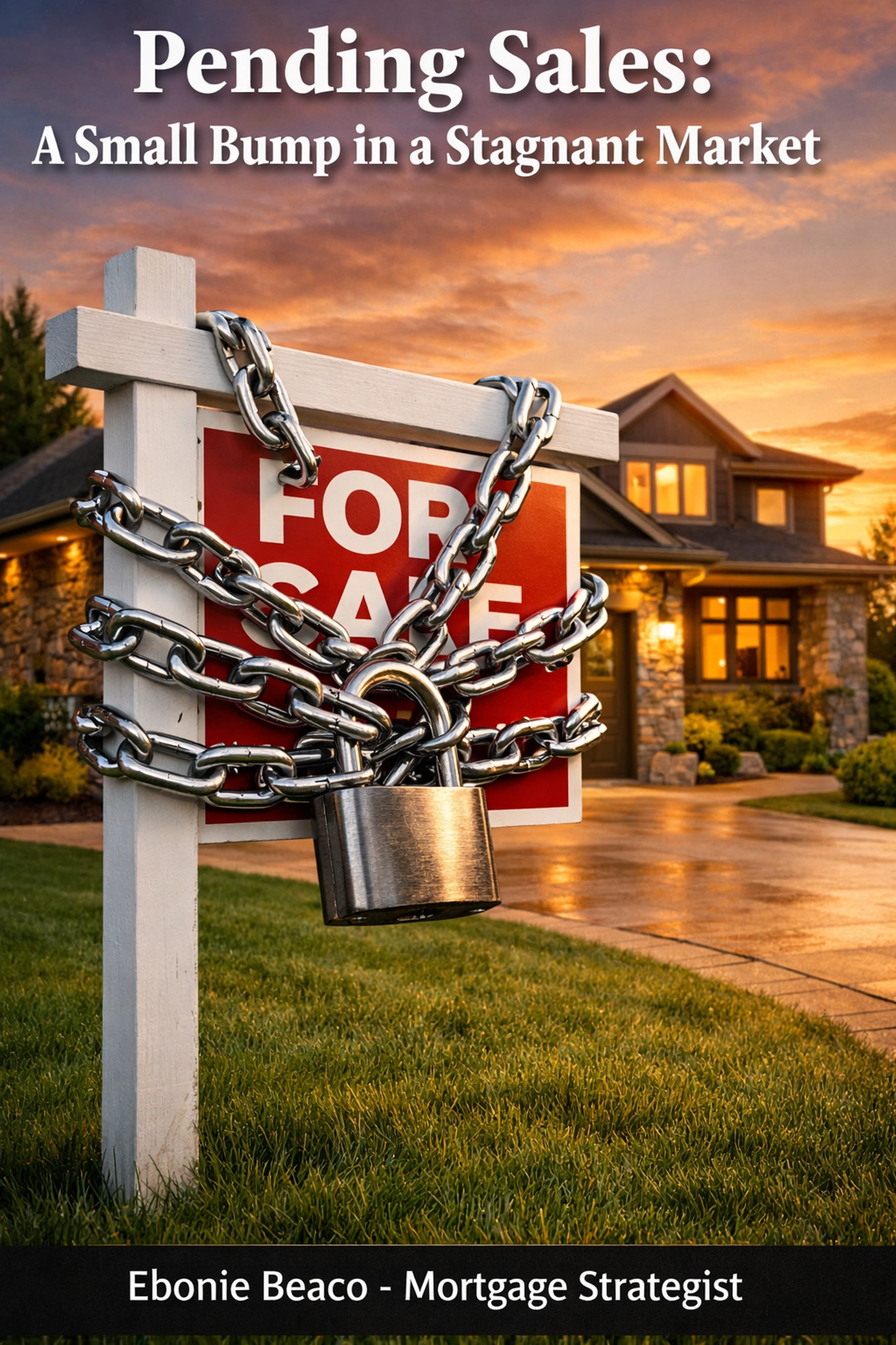 Modern house with a chained For Sale sign illustrating the lock-in effect of high mortgage rates on inventory.