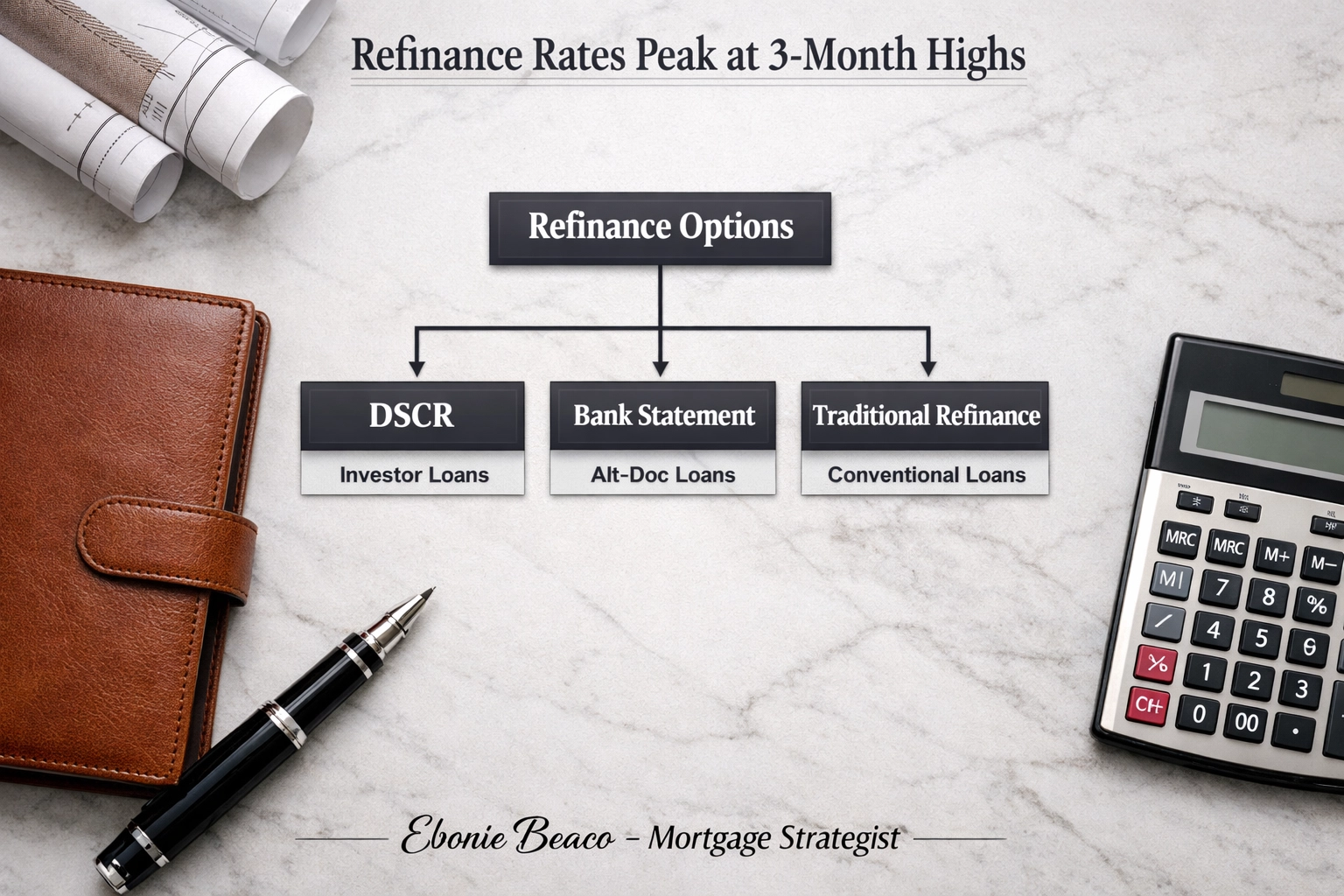 Mortgage decision flowchart for DSCR, bank statement, and traditional refinance loan options.