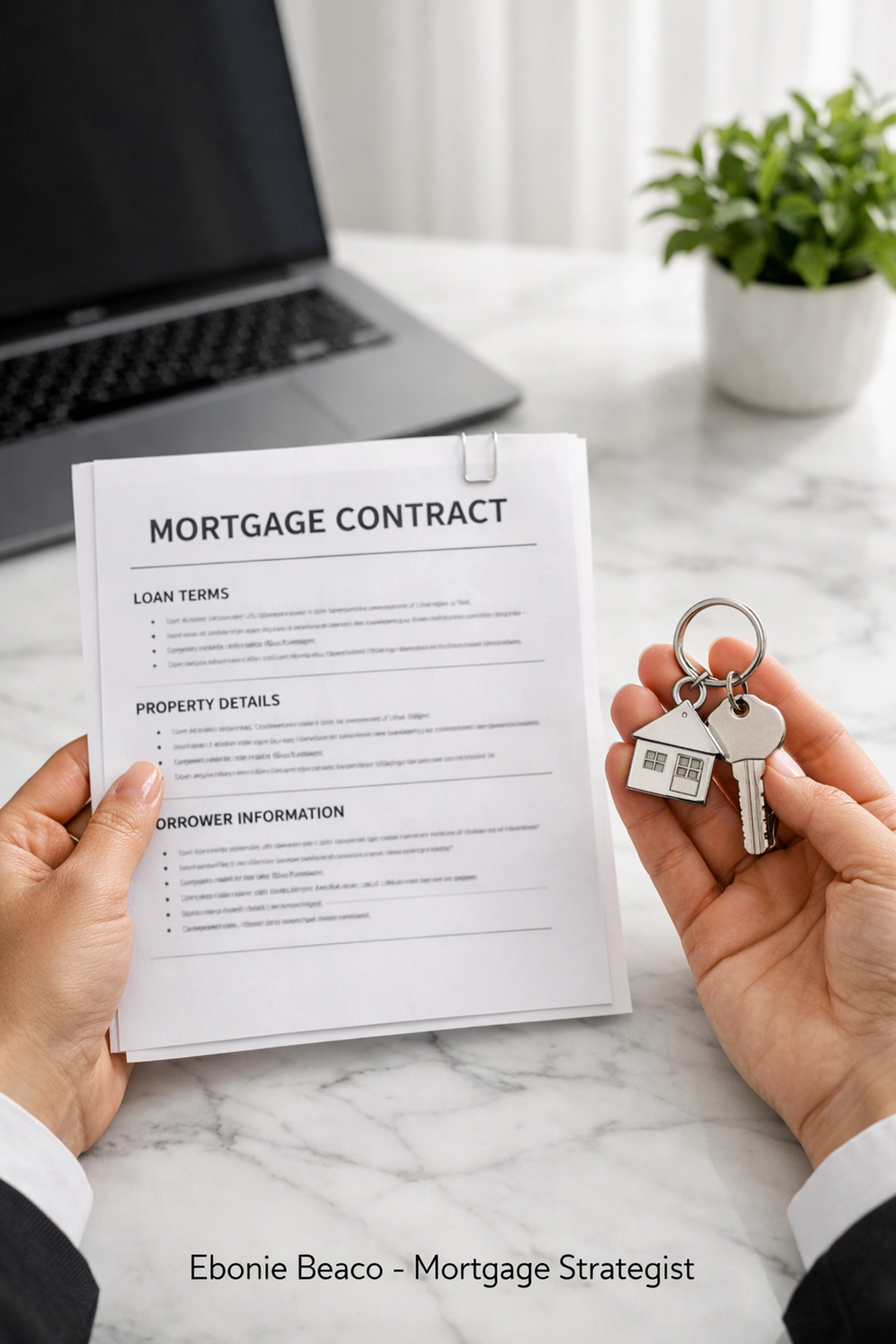 Homebuyer hands holding house keys and a mortgage contract, representing a successful real estate closing.